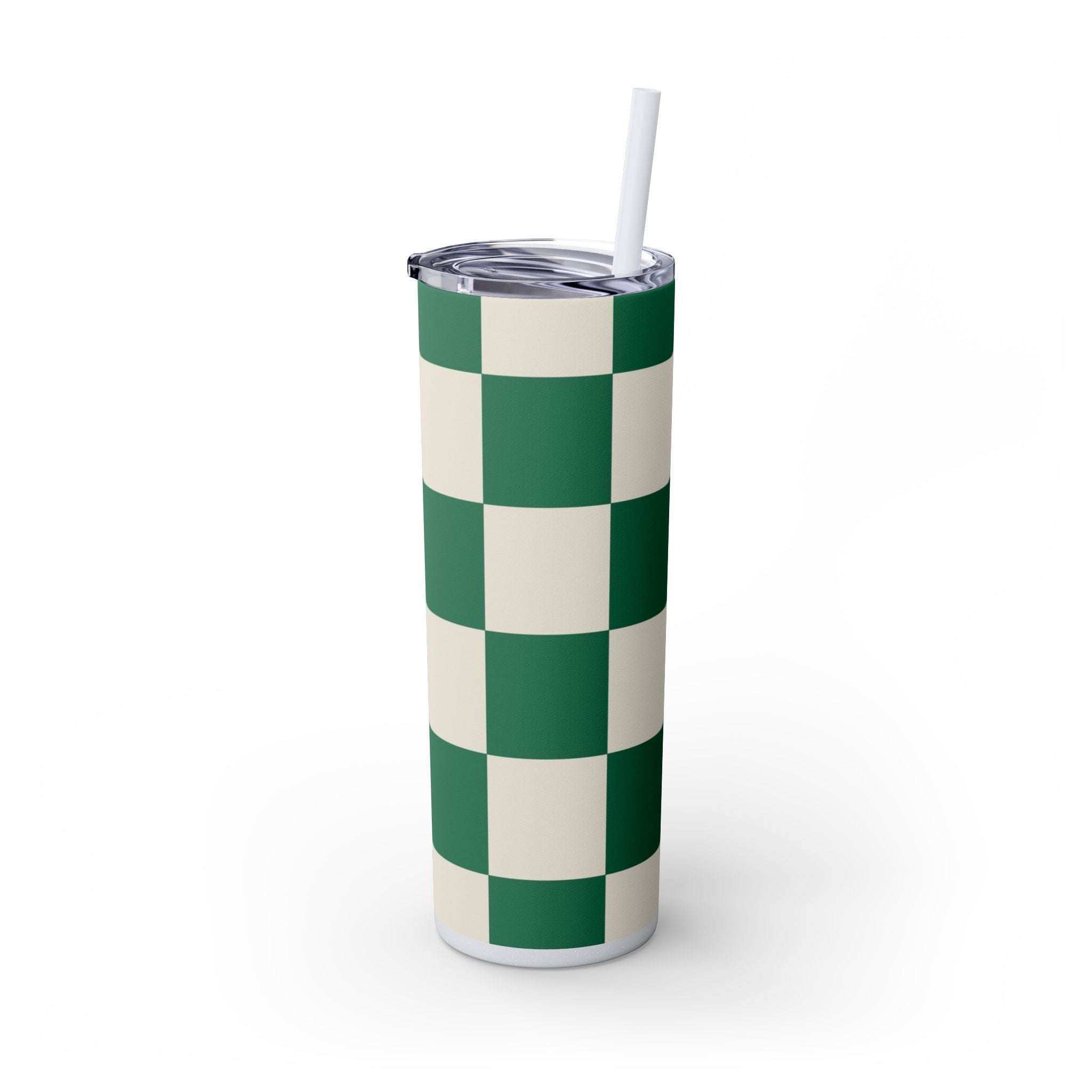 Checkerboard Dark Green Skinny Tumbler with Straw, 20oz, Artsulli - Art is Long, Life is Short, Mug, , , , , , , 