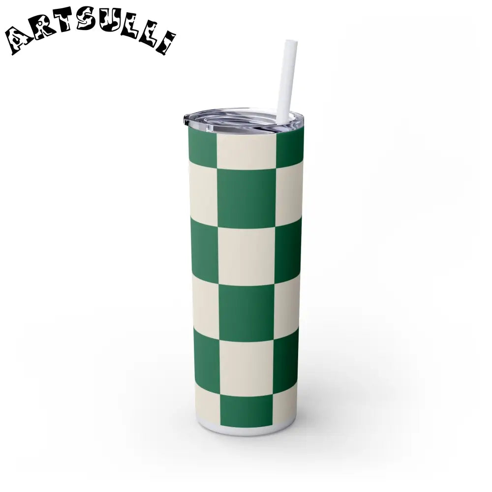 JAKKOUTTHEBXX Checkerboard Dark Green Skinny Tumbler with Straw 20oz