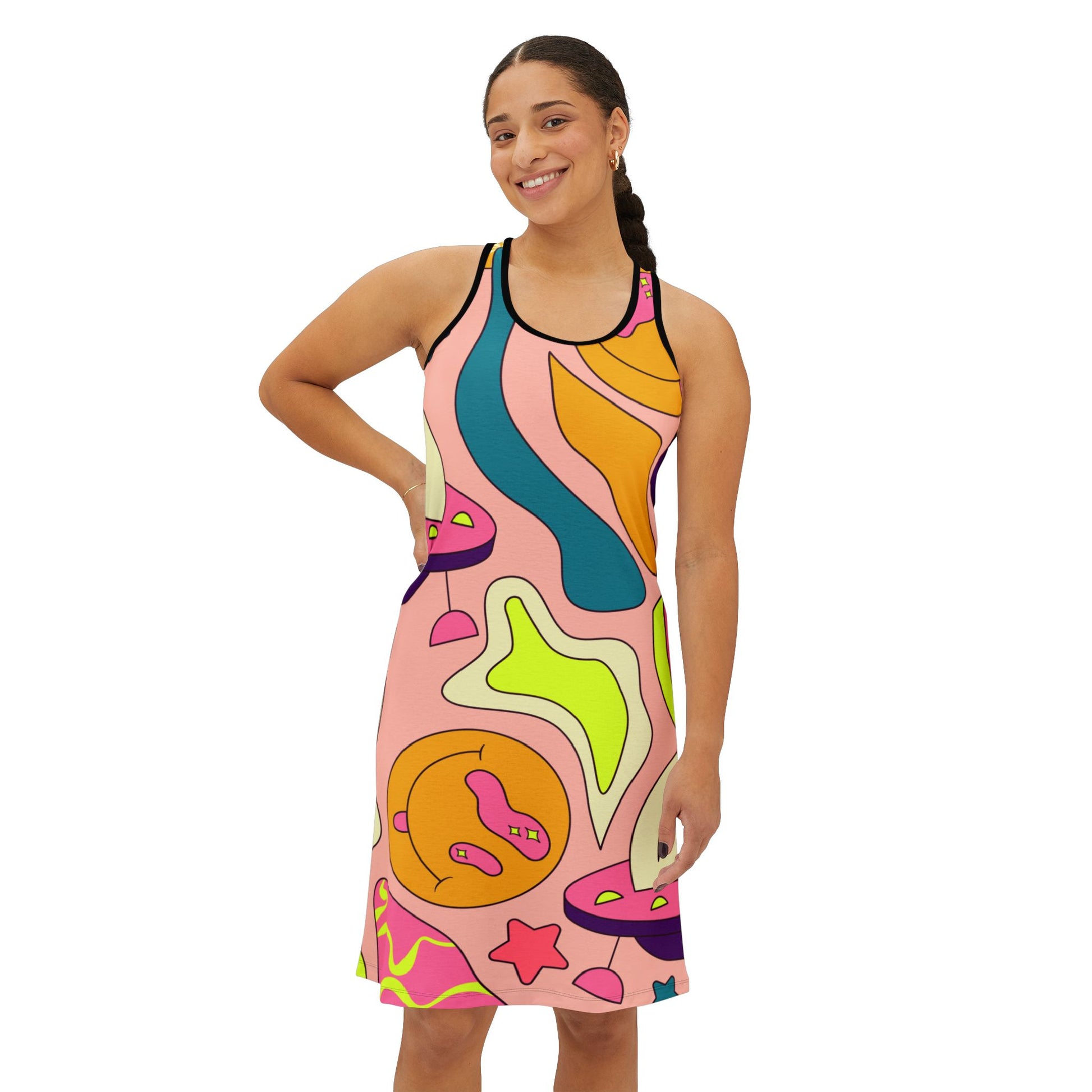 Trippy Spaceships Pink Women's Racerback Dress (AOP), Artsulli - Art is Long, Life is Short, Tank Top, , , , , , , 