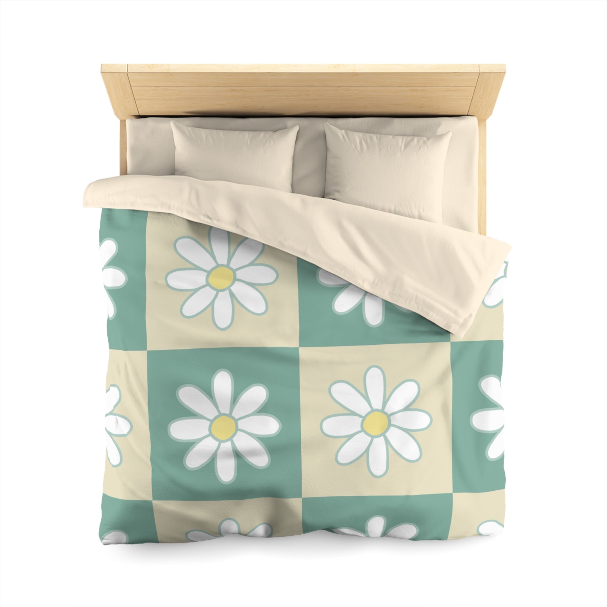 Retro Daisy Checkerboard Green and Tan Microfiber Duvet Cover, Artsulli - Art is Long, Life is Short, Home Decor, , , , , , , 
