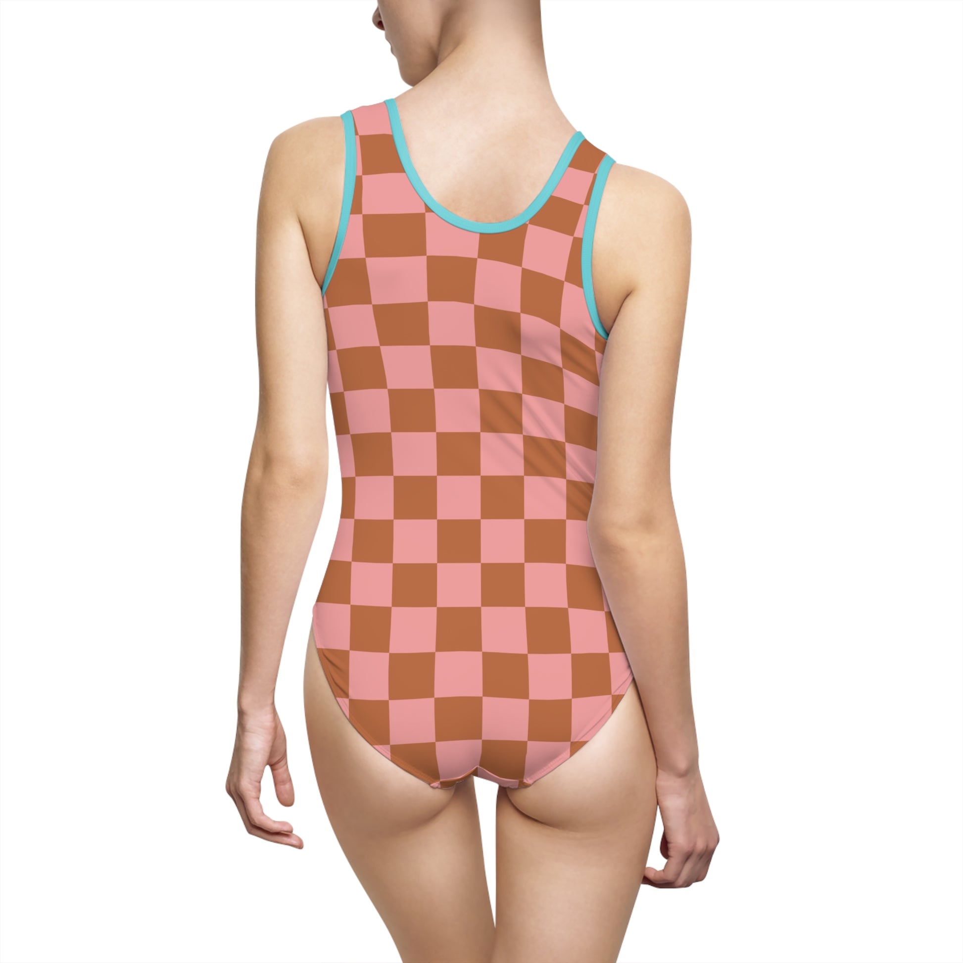 Chessboard Pink and Brown Women's Classic One-Piece Swimsuit (AOP), Artsulli - Art is Long, Life is Short, All Over Prints, , , , , , , 