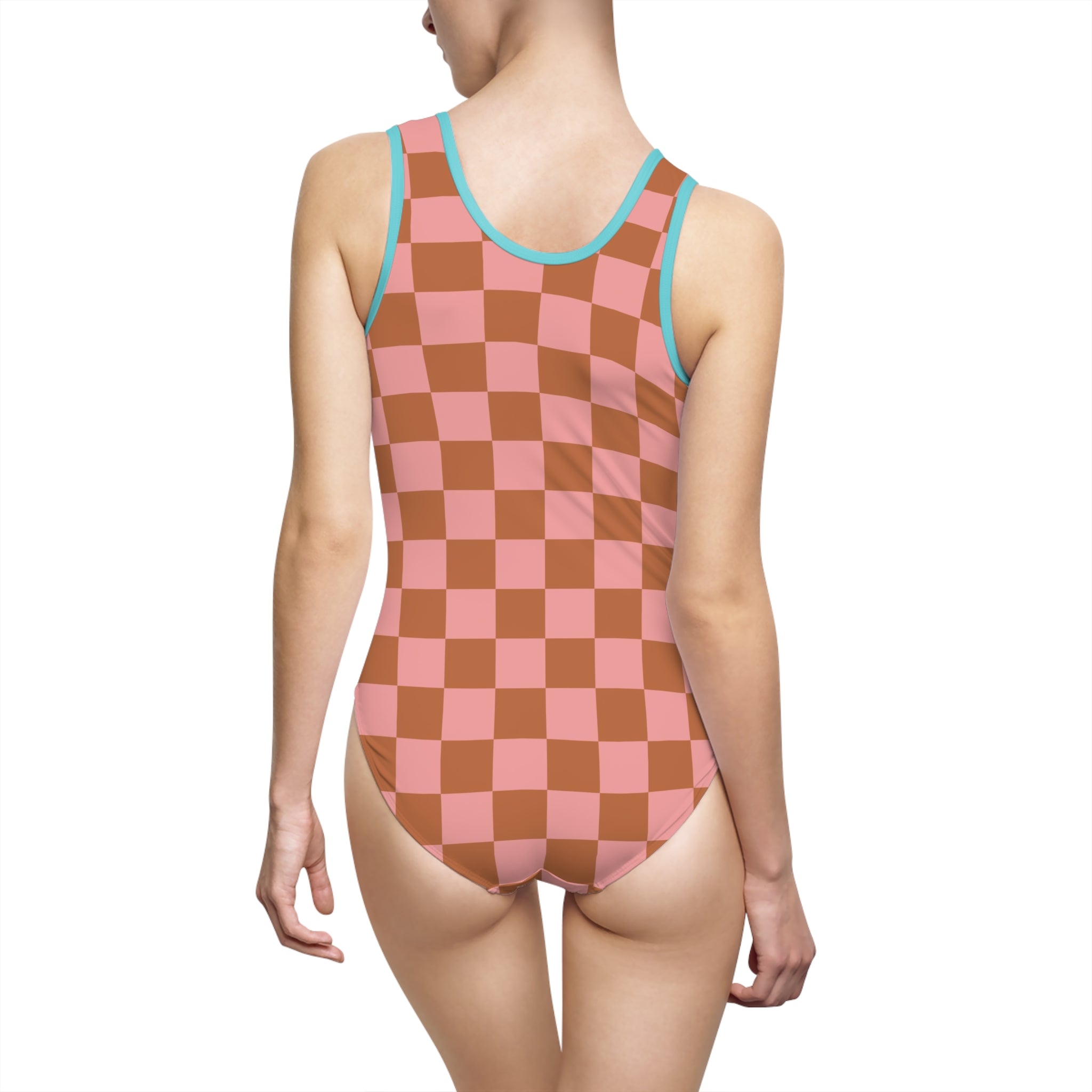 Chessboard Pink and Brown Women's Classic One-Piece Swimsuit (AOP), Artsulli - Art is Long, Life is Short, All Over Prints, , , , , , , 