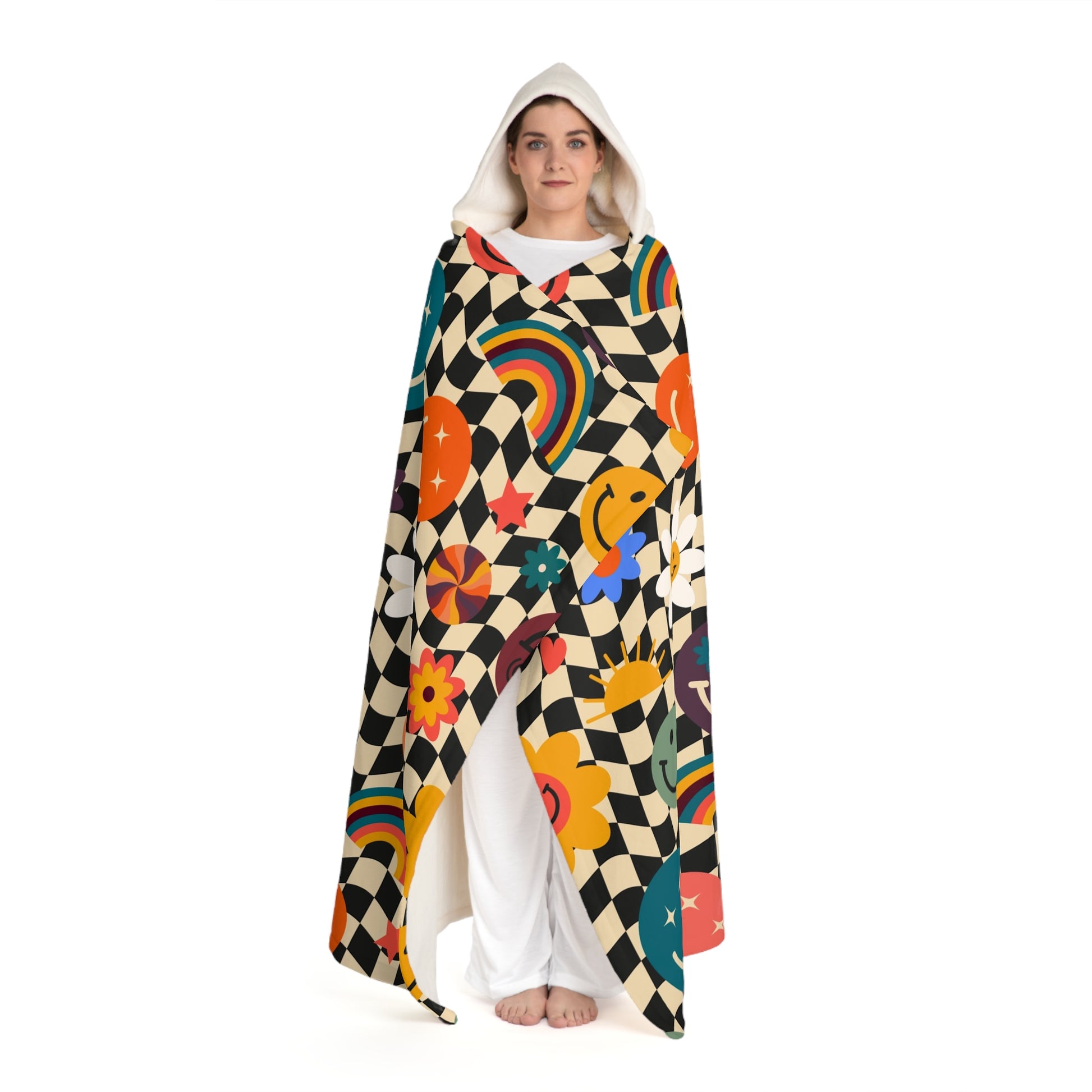 Trippy x Wavy Checkerboard x Smiley Face x Rainbow x Flowers II Multi-Color Hooded Sherpa Fleece Blanket, Artsulli - Art is Long, Life is Short, All Over Prints, , , , , , , 