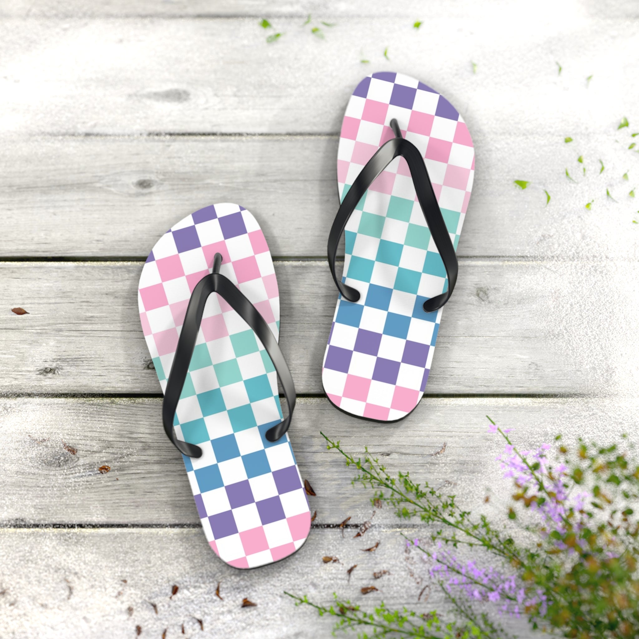 Vaporwave Rainbow  Checkerboard Multi-Color Flip Flops, Artsulli - Art is Long, Life is Short, Shoes, , , , , , , 