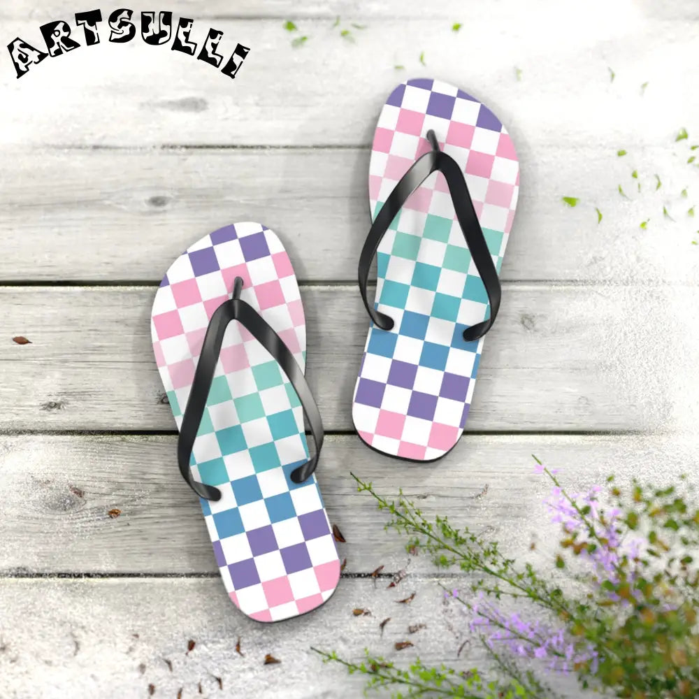 JAKKOUTTHEBXX Vaporwave Rainbow Checkerboard Multi-Color Flip Flops