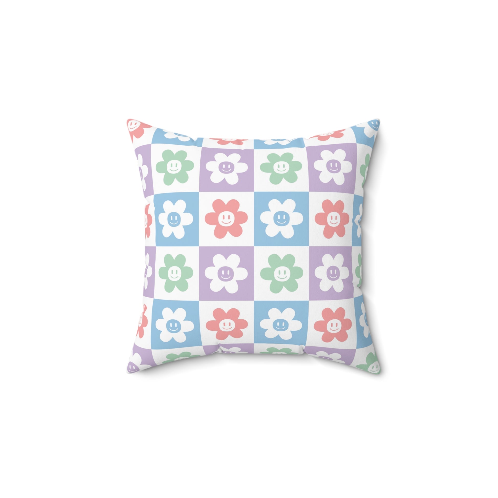 Chessboard x Smiley Face Flowers Multi-Color Spun Polyester Square Pillow, Artsulli - Art is Long, Life is Short, Home Decor, Size, 14" × 14", , , , , 10158844833564598431