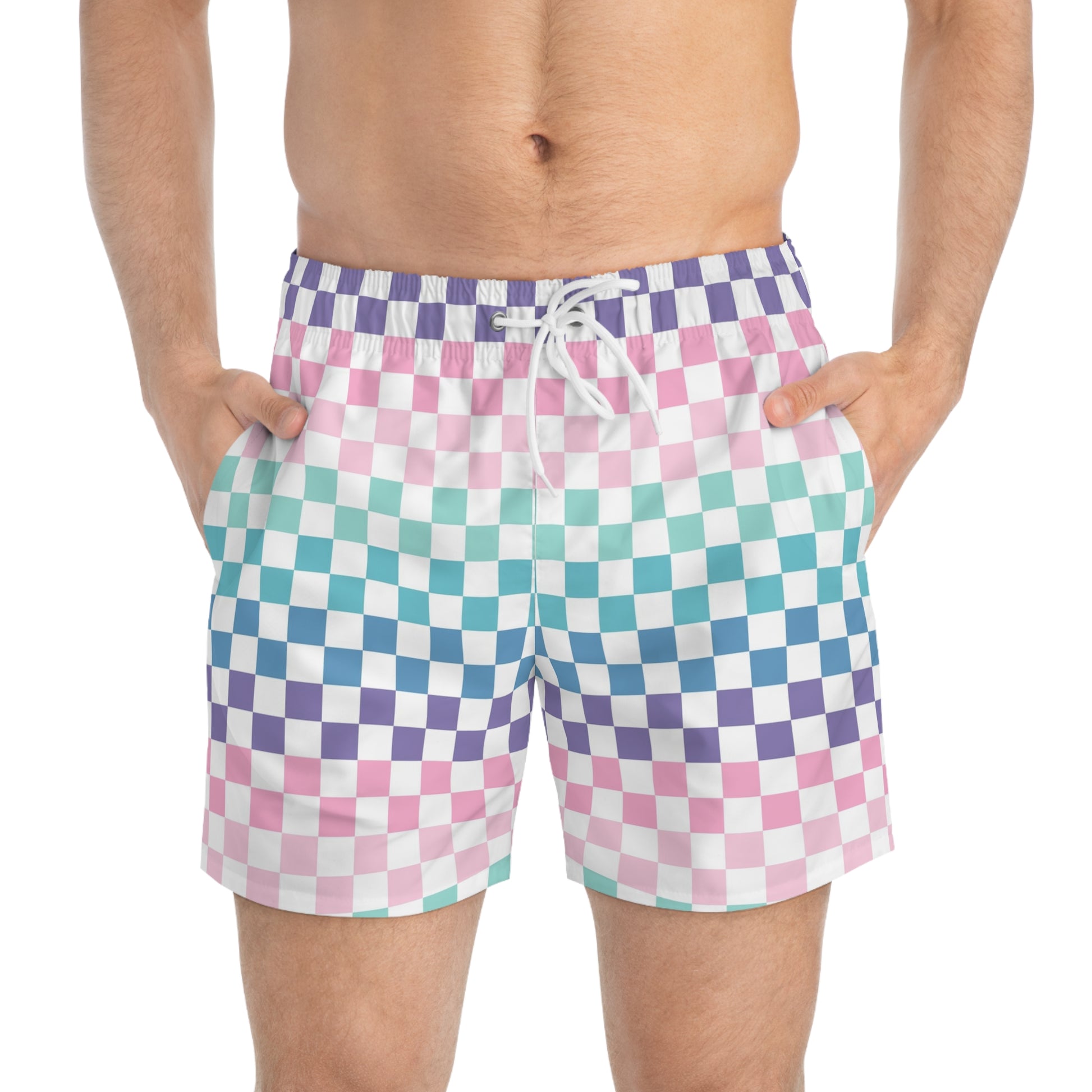 Vaporwave Rainbow  Checkerboard II Multi-Color Swim Trunks (AOP), Artsulli - Art is Long, Life is Short, All Over Prints, , , , , , , 