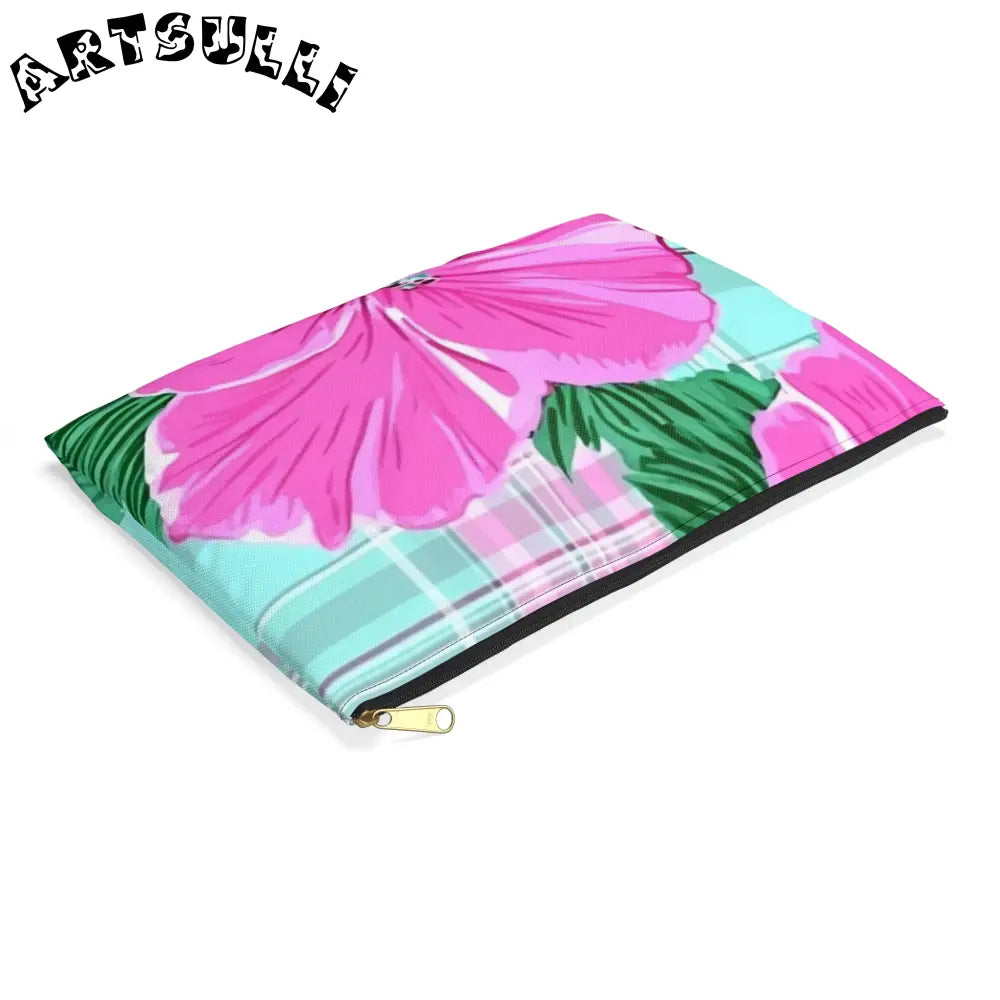 JAKKOUTTHEBXX Pink Hibiscus Plaid Flat Pouch JAKKOUTTHEBXX Artsulli