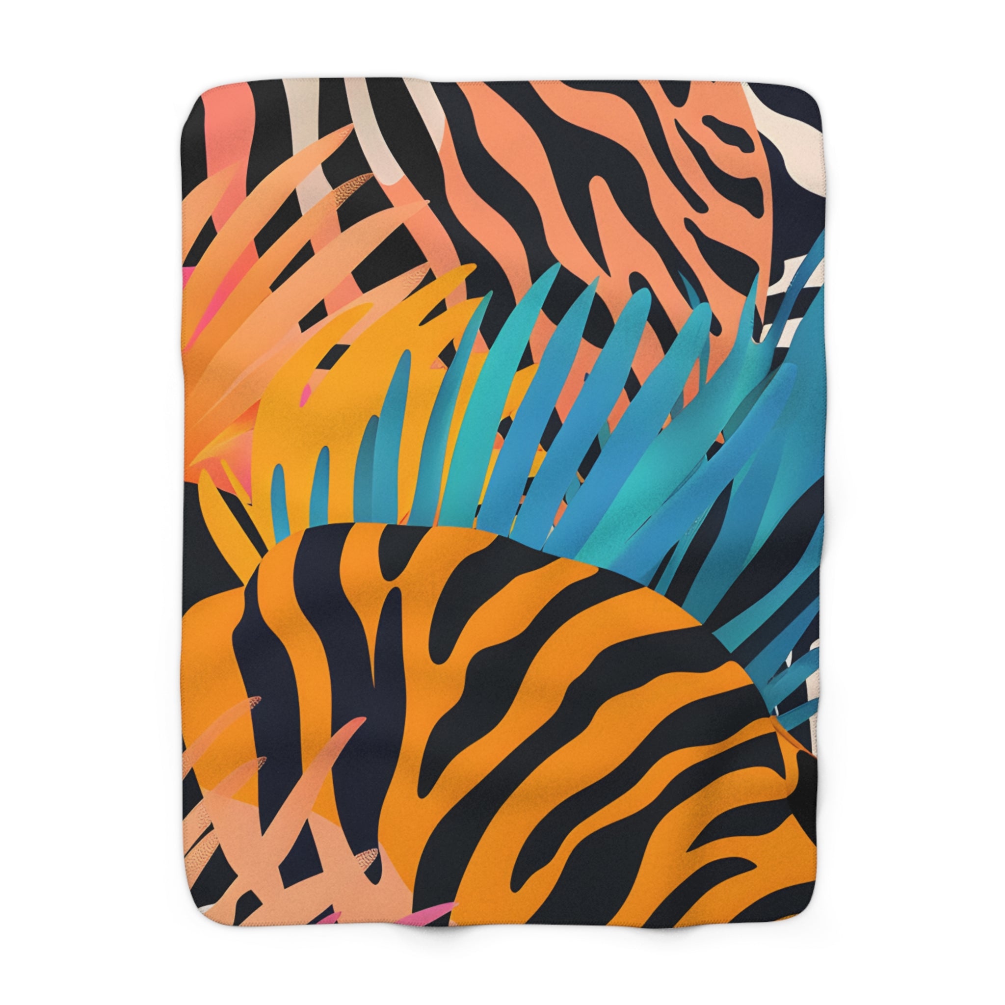 Palm Leaves x Zebra Stripes x Tiger Stripes Orange and Blue  Sherpa Fleece Blanket, Artsulli - Art is Long, Life is Short, Home Decor, Size, 50" × 60", , , , , 89909216334272