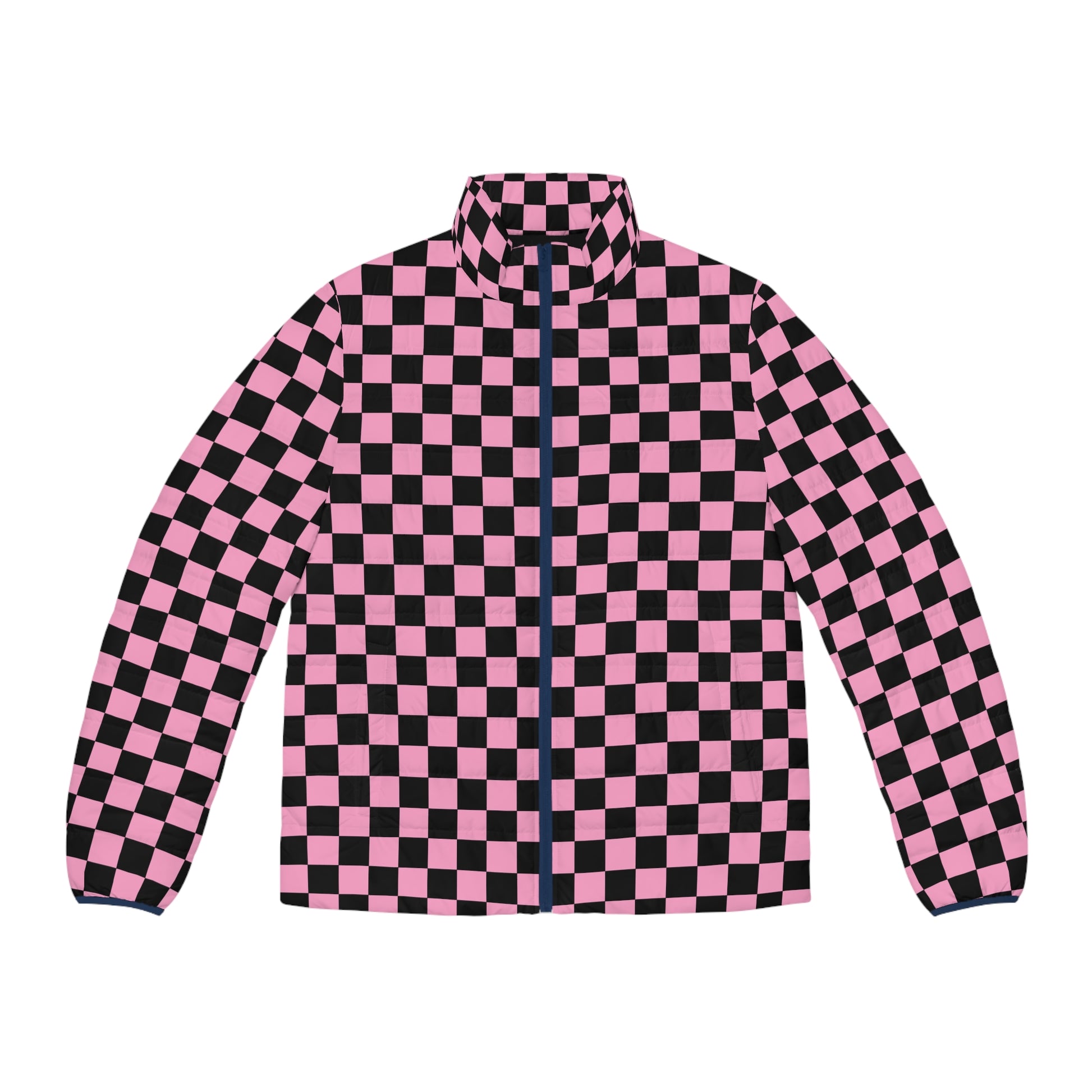 Checkerboard Black and Pink Men's Puffer Jacket (AOP), Artsulli - Art is Long, Life is Short, All Over Prints, Size, S, Color, Dark blue zipper, , , 11069531152361405610