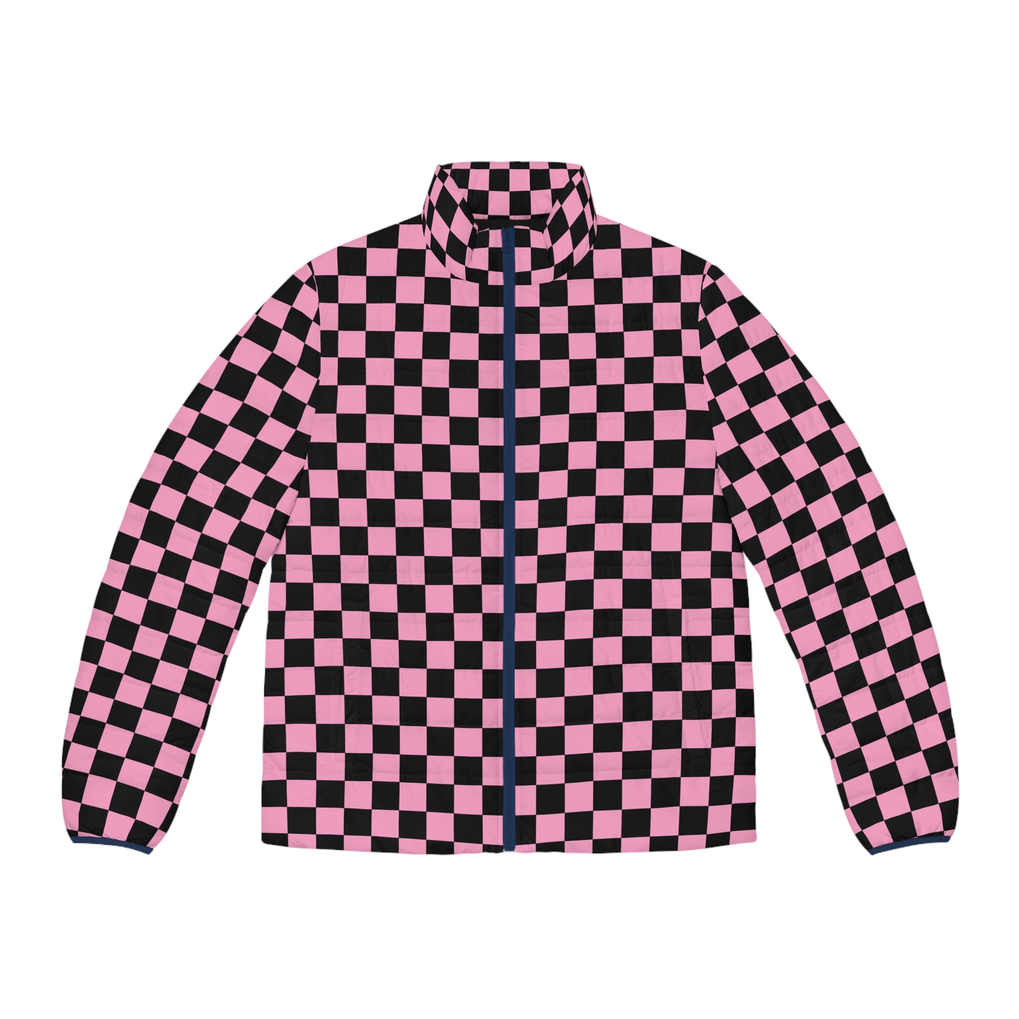 Checkerboard Black and Pink Men's Puffer Jacket (AOP), Artsulli - Art is Long, Life is Short, All Over Prints, Size, S, Color, Dark blue zipper, , , 11069531152361405610