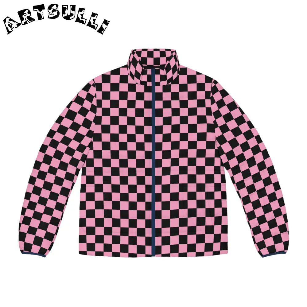 JAKKOUTTHEBXX Checkerboard Black and Pink Men’s Puffer Jacket (AOP)