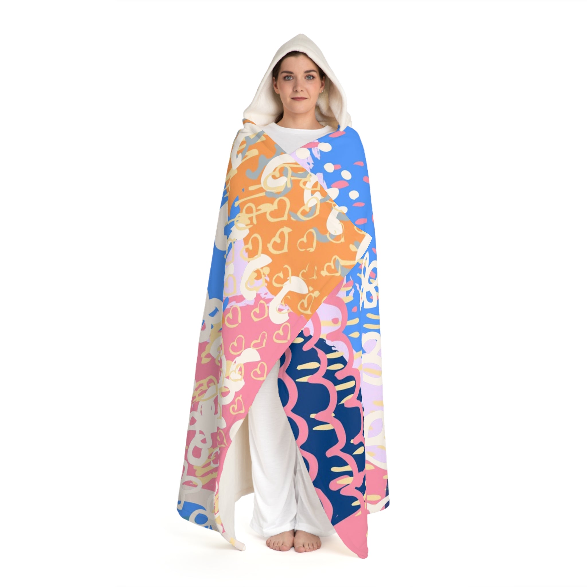 Flowers x Doodles x Hearts Multi-Color Hooded Sherpa Fleece Blanket, Artsulli - Art is Long, Life is Short, All Over Prints, , , , , , , 
