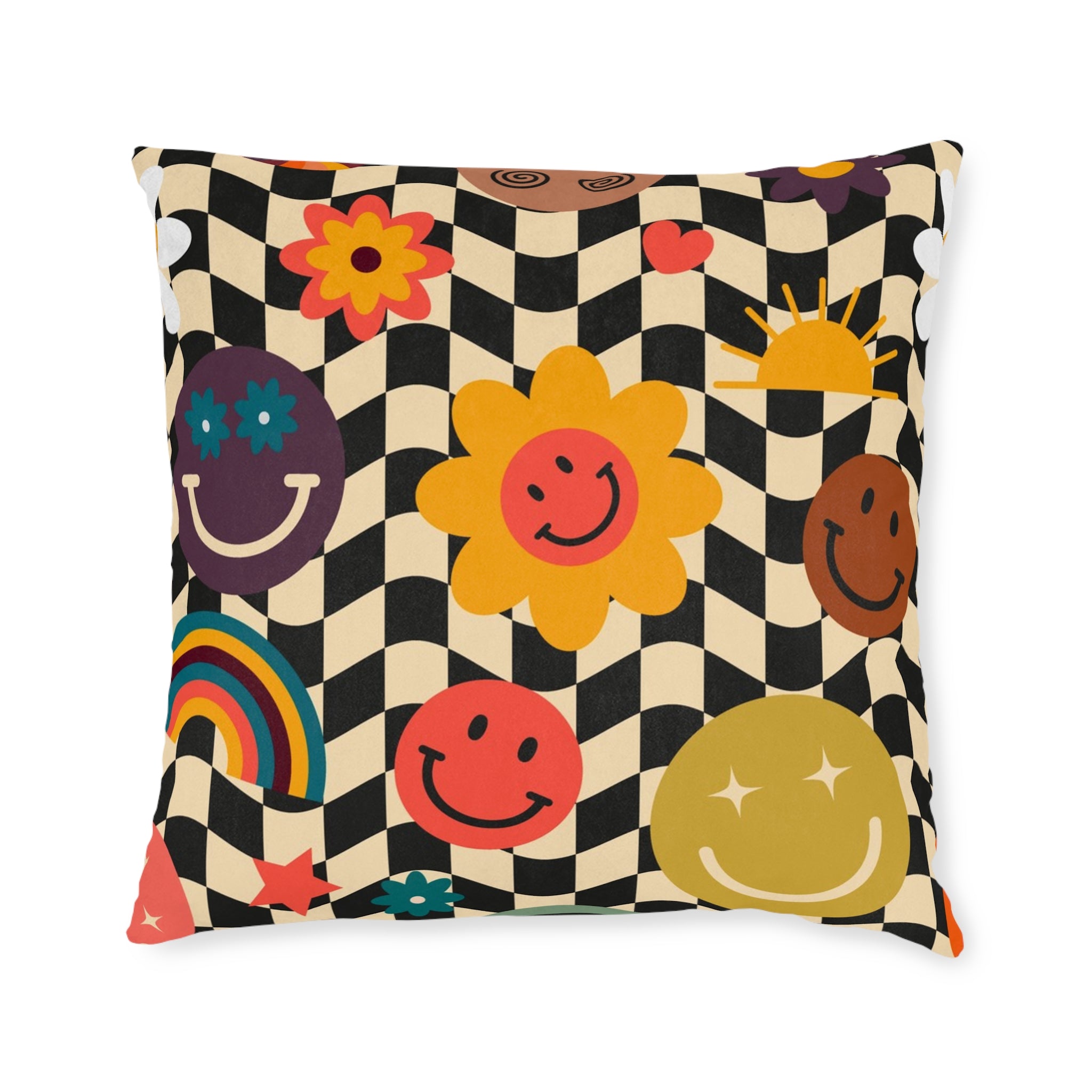 Trippy x Wavy Checkerboard x Smiley Face x Rainbow x Flowers Multi-Color Square Pillow, Artsulli - Art is Long, Life is Short, Home Decor, , , , , , , 