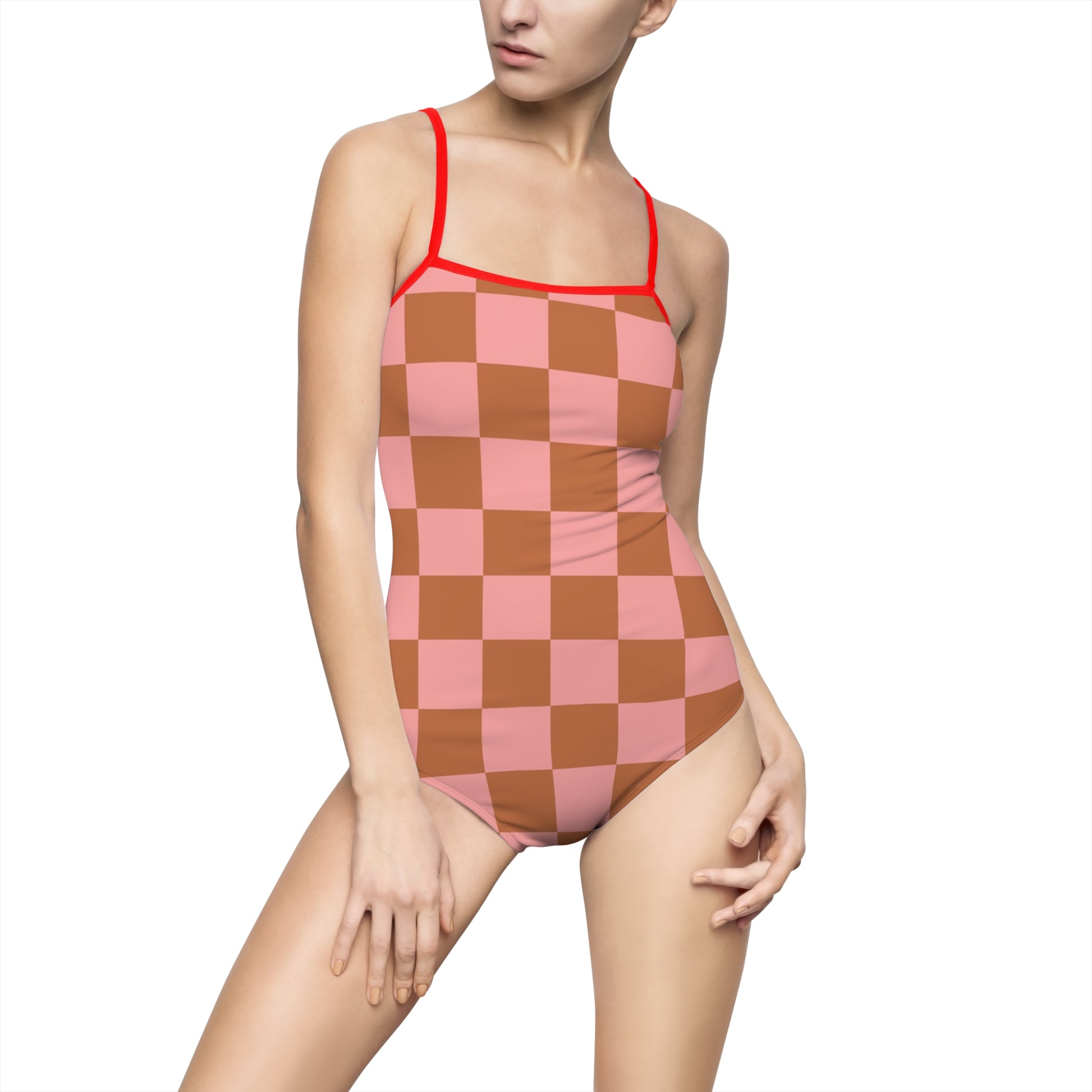 Chessboard Pink and Brown Women's One-piece Swimsuit (AOP), Artsulli - Art is Long, Life is Short, All Over Prints, Size, XS, Color, Red, , , 71260354994534528927