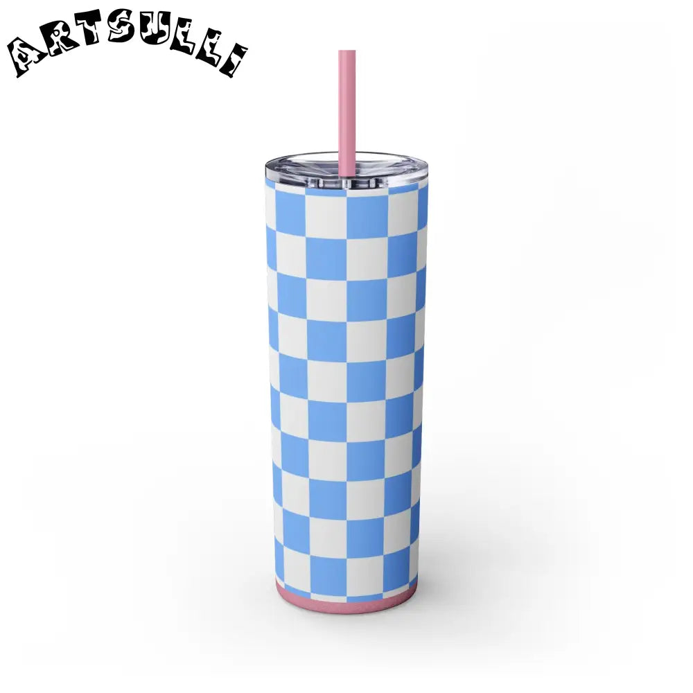 JAKKOUTTHEBXX Checkerboard White and Light Blue Skinny Tumbler