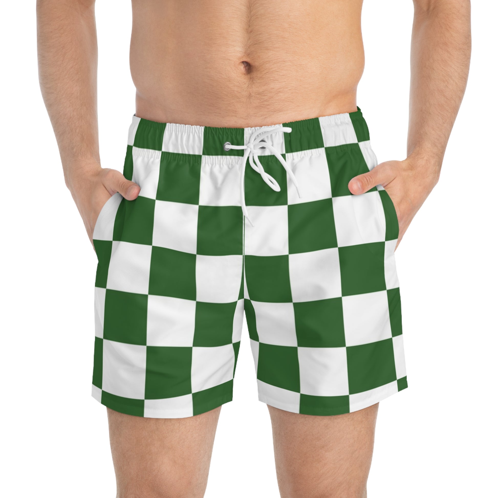Checkerboard White and Dark Green Swim Trunks (AOP), Artsulli - Art is Long, Life is Short, All Over Prints, , , , , , , 