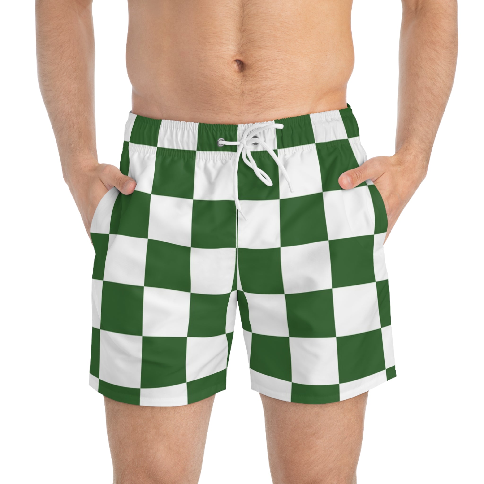 Checkerboard White and Dark Green Swim Trunks (AOP), Artsulli - Art is Long, Life is Short, All Over Prints, , , , , , , 