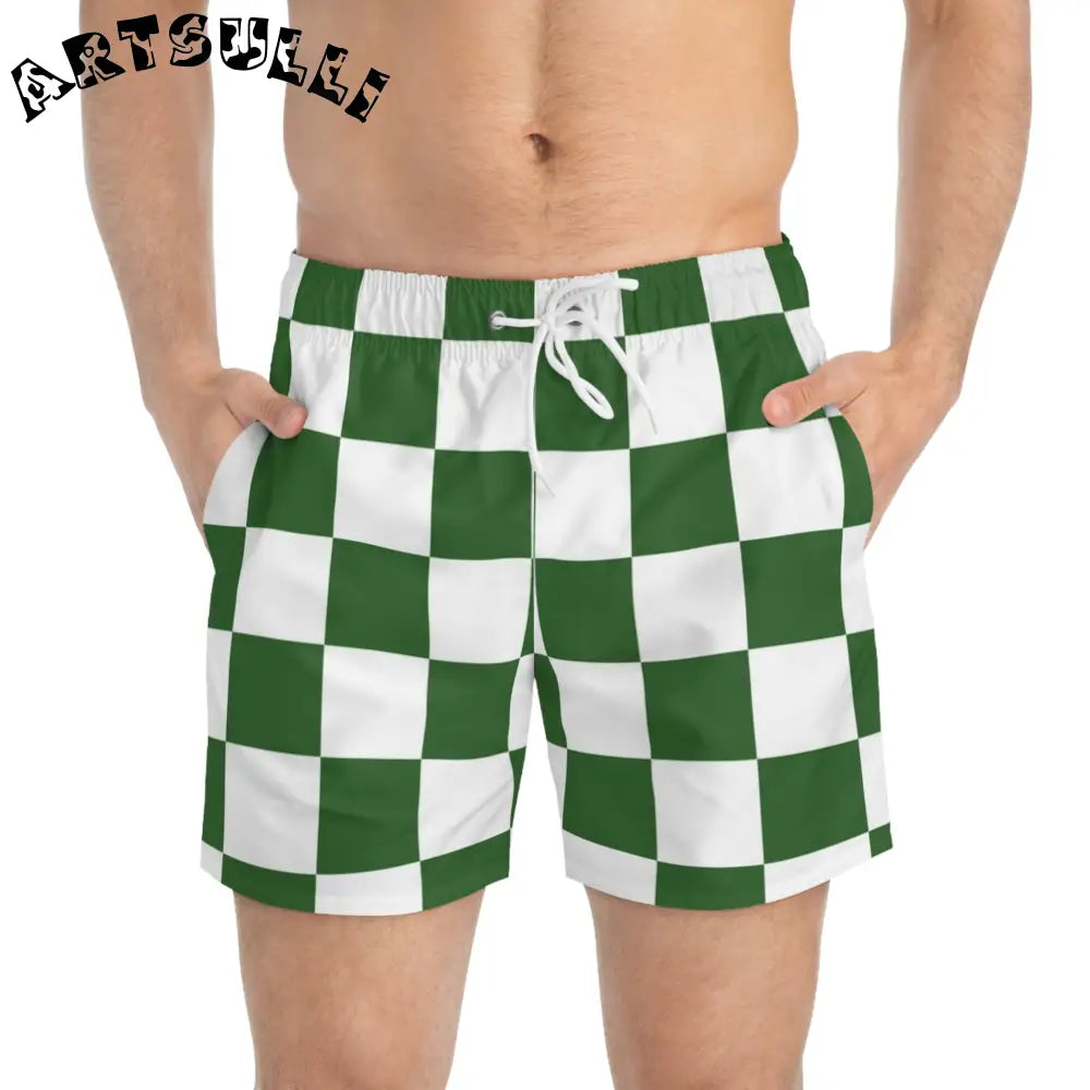 JAKKOUTTHEBXX Checkerboard White and Dark Green Swim Trunks (AOP)