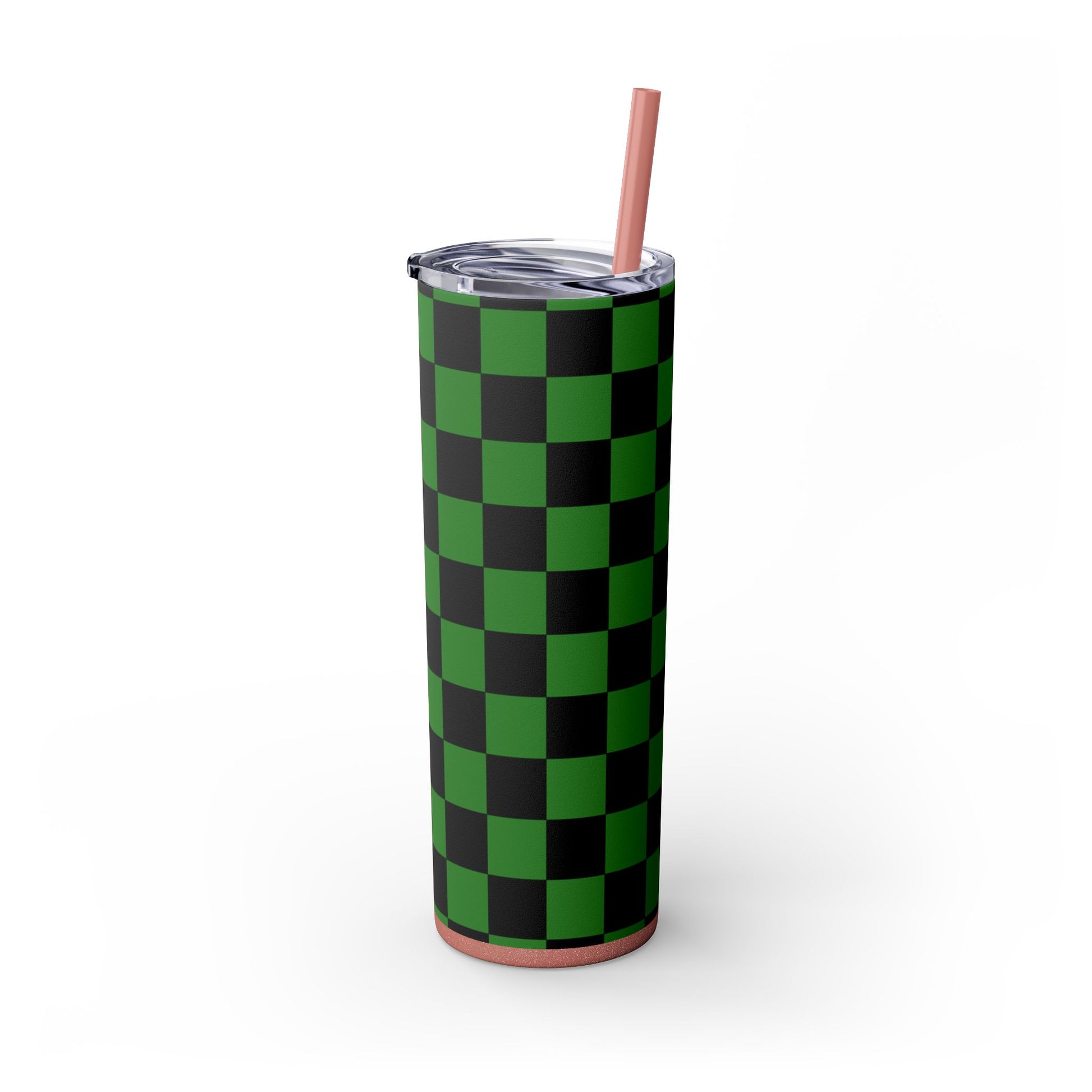 Checkerboard Green and Black Skinny Tumbler with Straw, 20oz, Artsulli - Art is Long, Life is Short, Mug, , , , , , , 