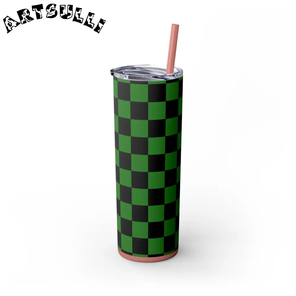 JAKKOUTTHEBXX Checkerboard Green and Black Skinny Tumbler with Straw