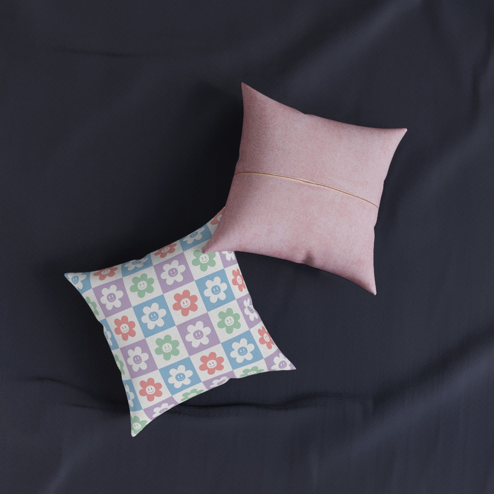 Chessboard x Smiley Face Flowers II Multi-Color Square Pillow - Pink Back, Artsulli - Art is Long, Life is Short, Home Decor, , , , , , , 