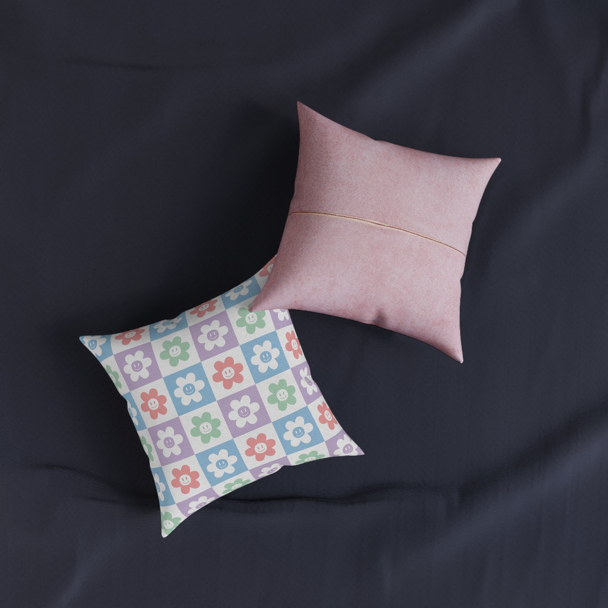 Chessboard x Smiley Face Flowers II Multi-Color Square Pillow - Pink Back, Artsulli - Art is Long, Life is Short, Home Decor, , , , , , , 