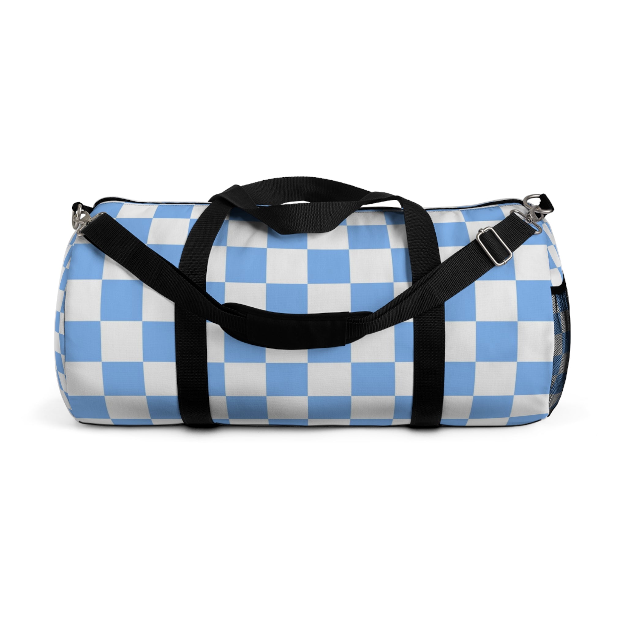 Checkerboard White and Light Blue Duffel Bag, Artsulli - Art is Long, Life is Short, Bags, Size, Large, , , , , 28151976318866754307