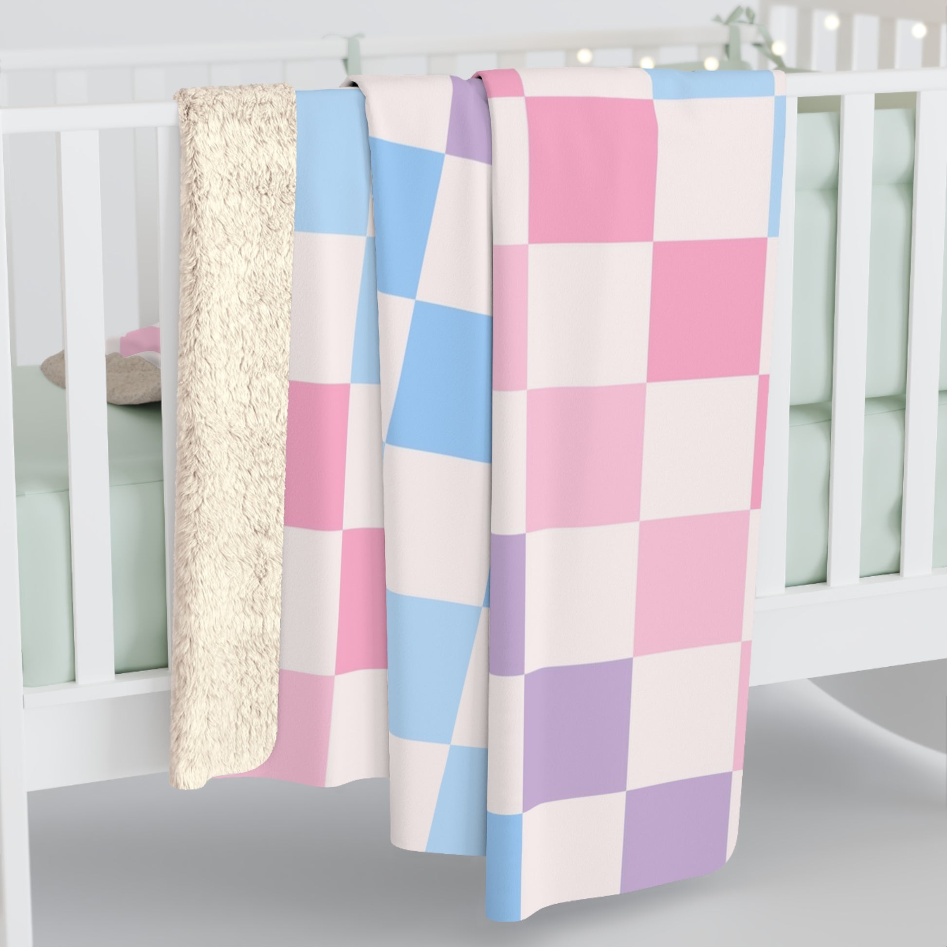 Checkerboard Pink and Blue Sherpa Fleece Blanket, Artsulli - Art is Long, Life is Short, Home Decor, , , , , , , 