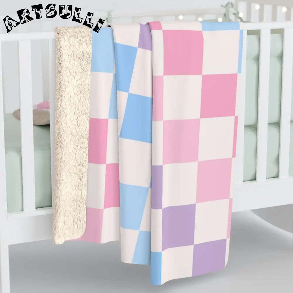 JAKKOUTTHEBXX Checkerboard Pink and Blue Sherpa Fleece Blanket
