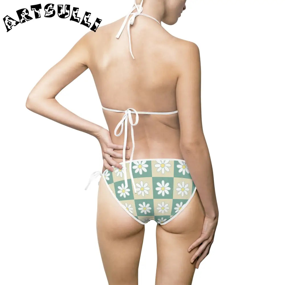 JAKKOUTTHEBXX Retro Daisy Checkerboard Green and Tan Women’s Bikini