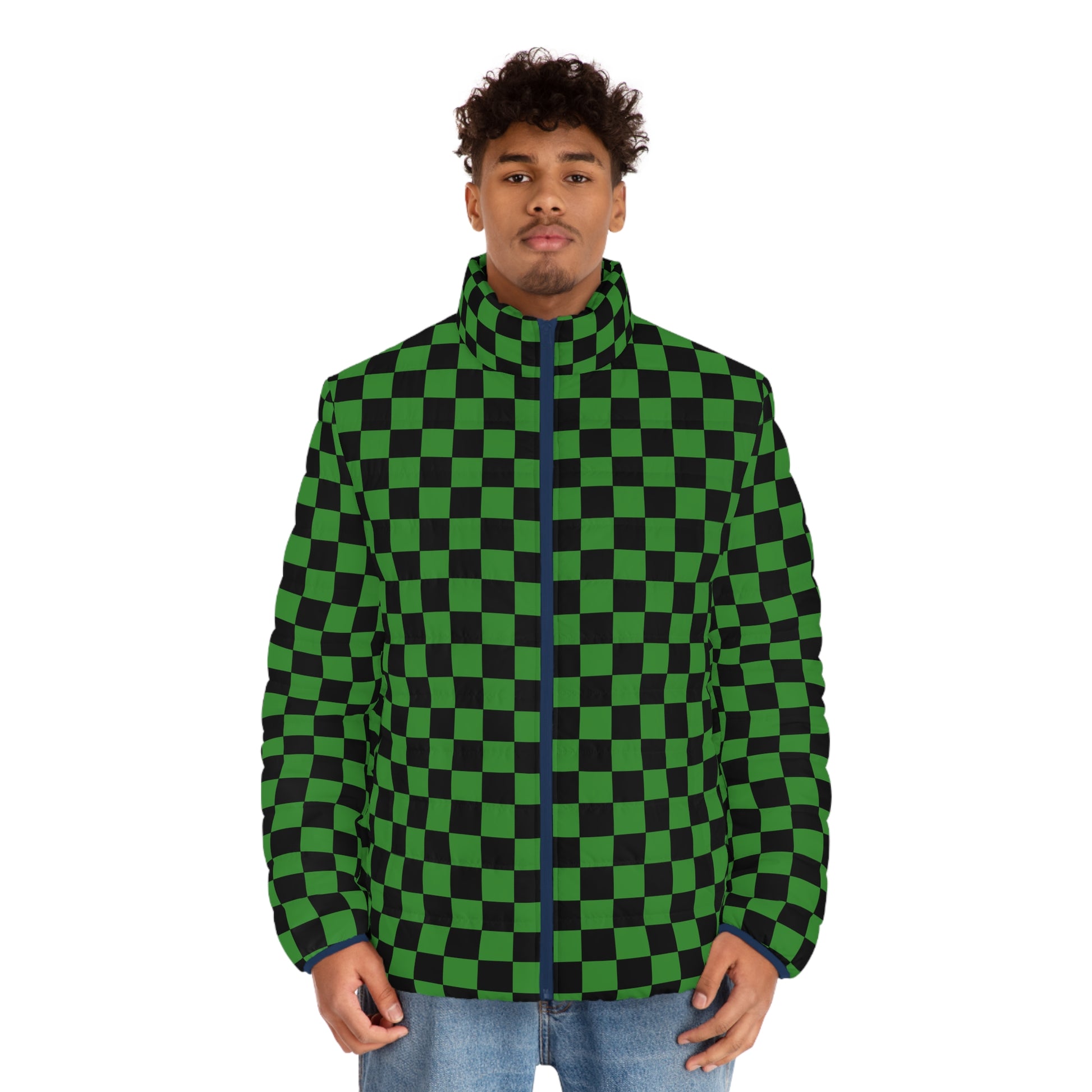 Checkerboard Green and Black Men's Puffer Jacket (AOP), Artsulli - Art is Long, Life is Short, All Over Prints, , , , , , , 