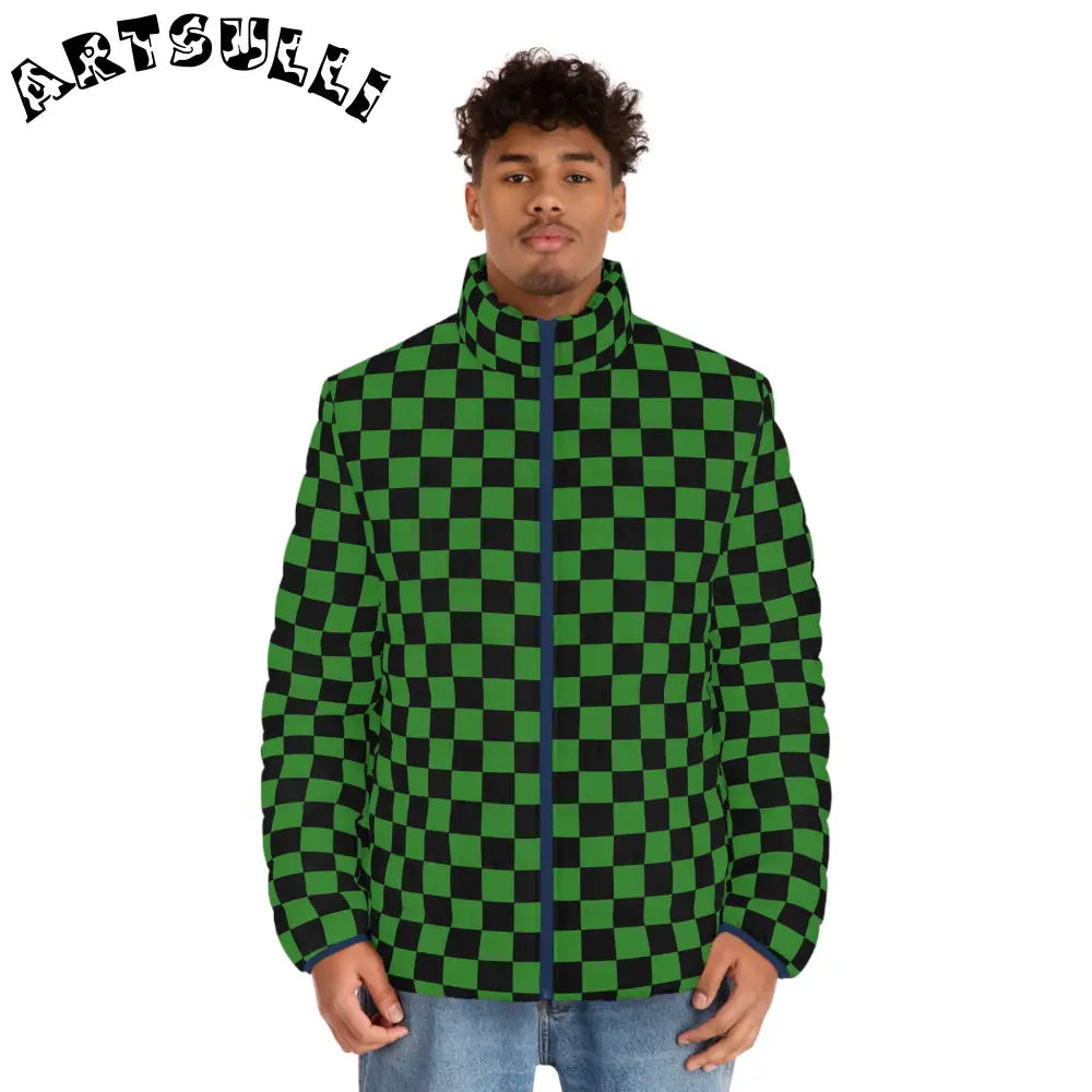 JAKKOUTTHEBXX Checkerboard Green and Black Men’s Puffer Jacket (AOP)