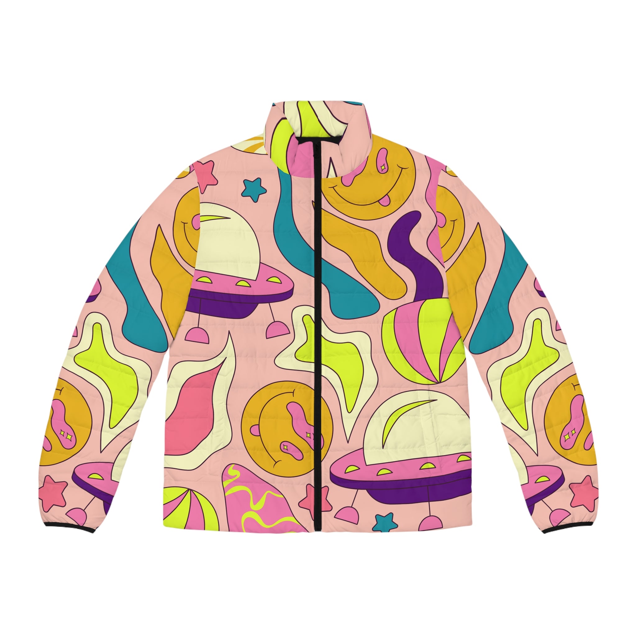Trippy Spaceships Pink Men's Puffer Jacket (AOP), Artsulli - Art is Long, Life is Short, All Over Prints, Size, S, Color, Black zipper, , , 14039422905620