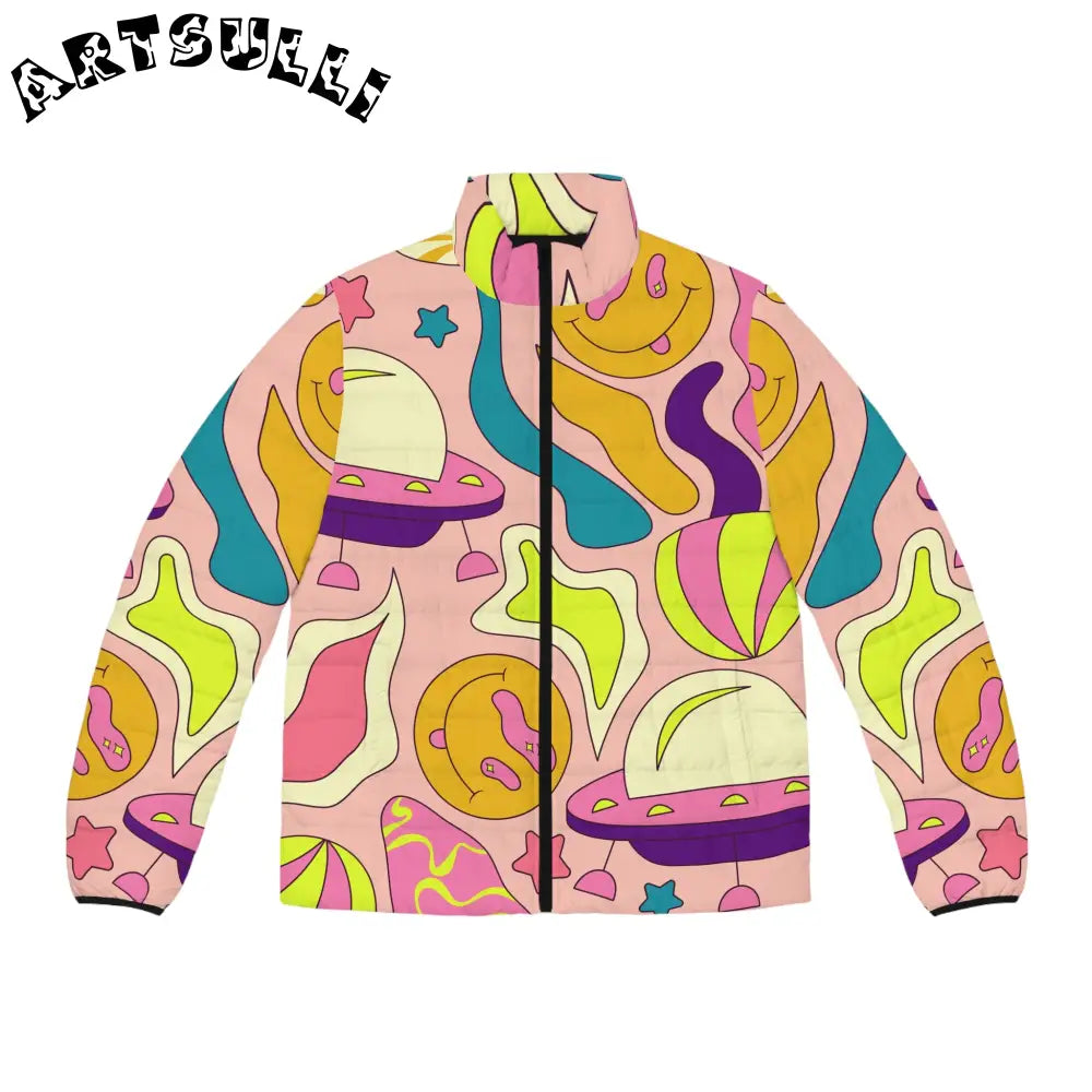 JAKKOUTTHEBXX Trippy Spaceships Pink Men’s Puffer Jacket (AOP)