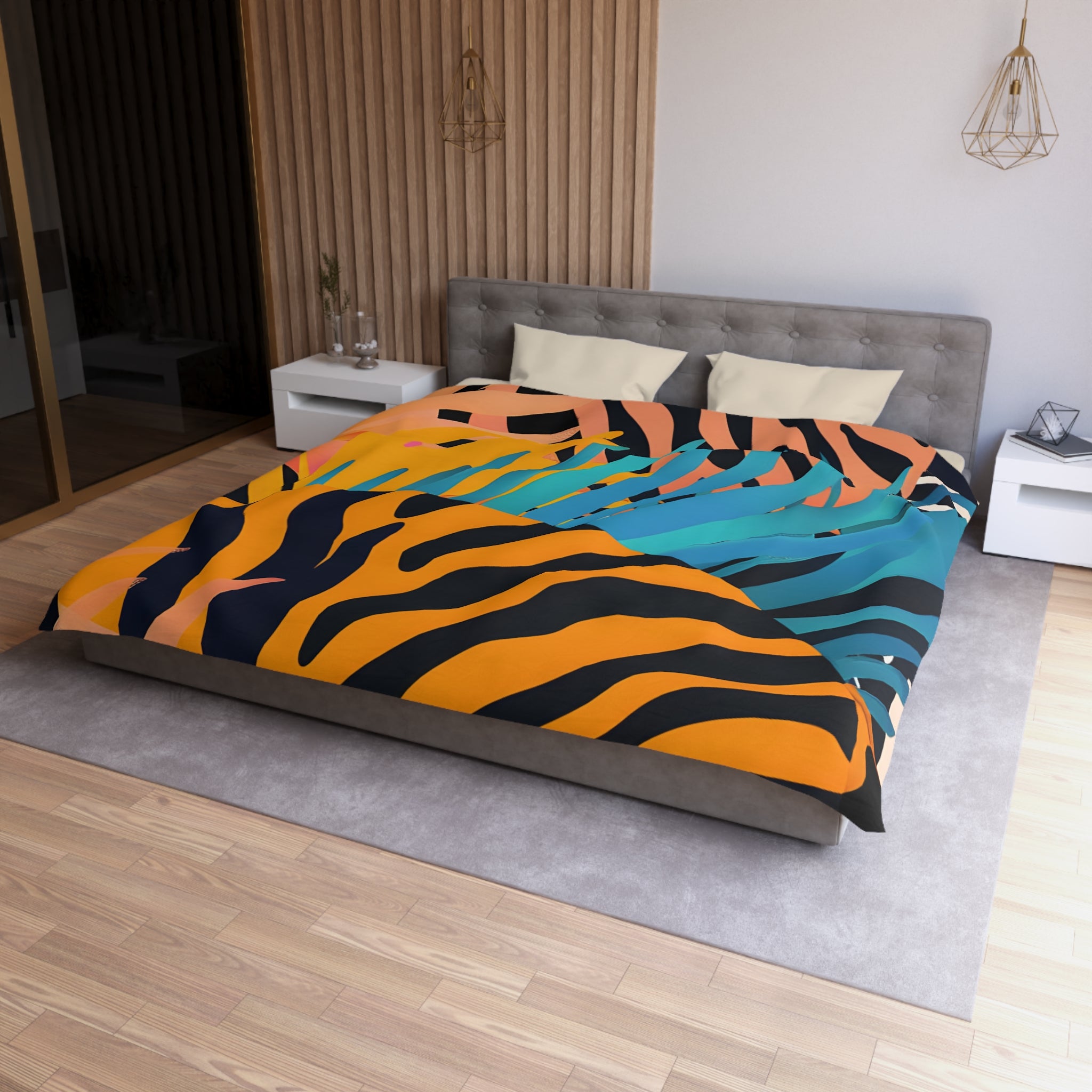 Palm Leaves x Zebra Stripes x  Tiger Stripes Orange and Blue  Microfiber Duvet Cover, Artsulli - Art is Long, Life is Short, Home Decor, , , , , , , 