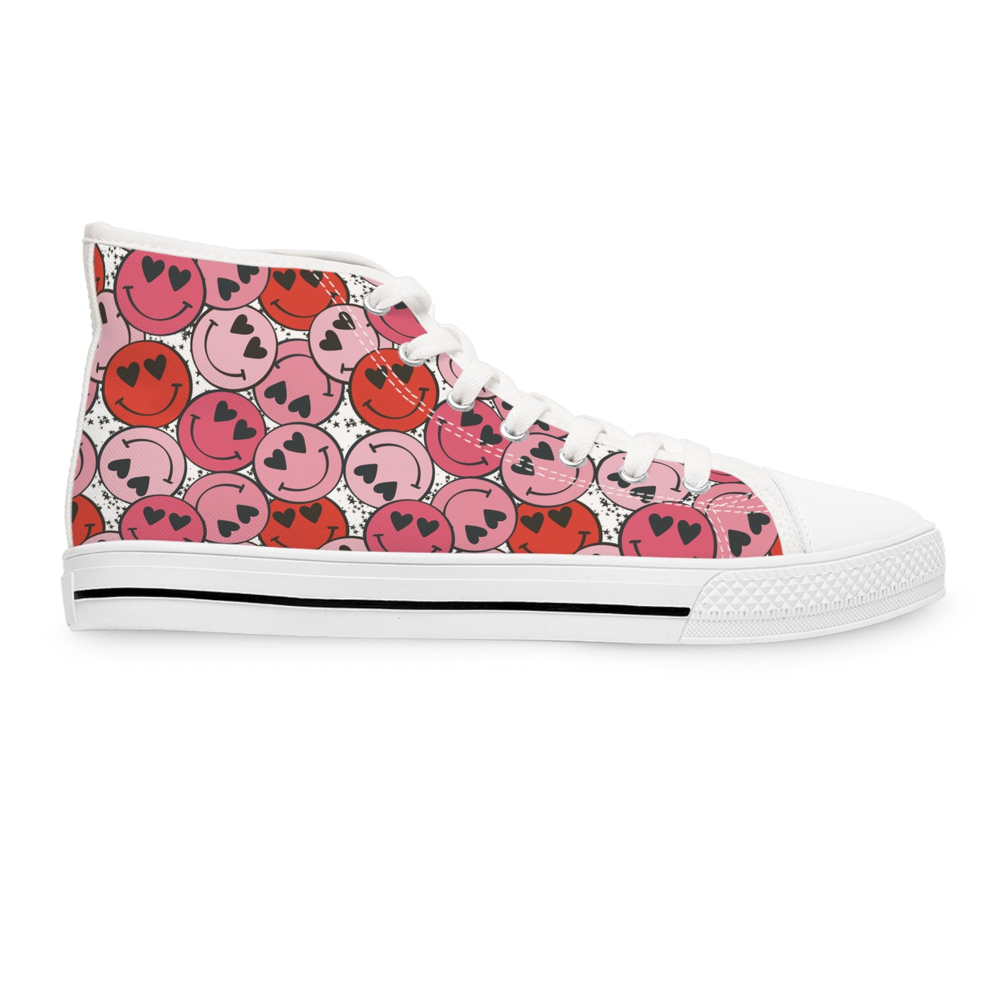 Smiley Face x Heart Eyes II Pink and Red Women's High Top Sneakers, Artsulli - Art is Long, Life is Short, Shoes, , , , , , , 