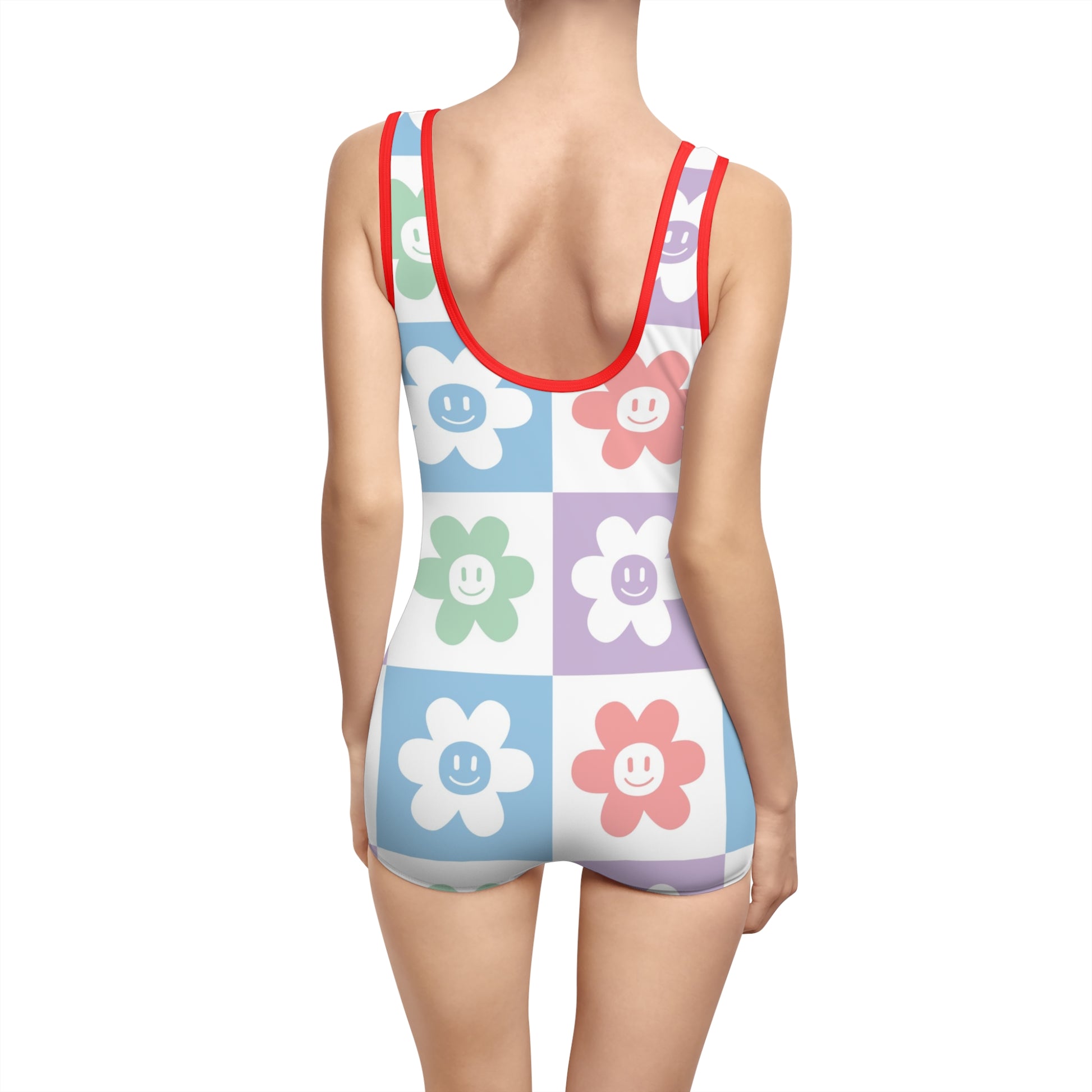 Chessboard x Smiley Face Flowers Multi-Color Women's Vintage Swimsuit (AOP), Artsulli - Art is Long, Life is Short, All Over Prints, , , , , , , 