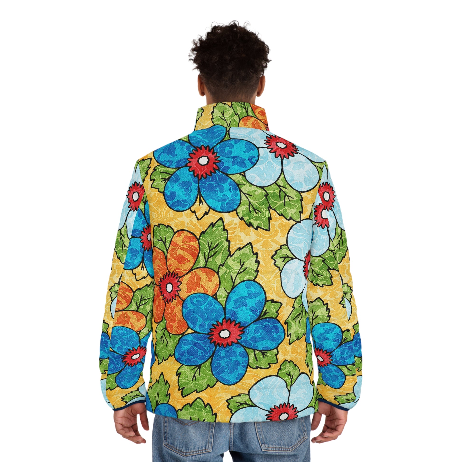 Groovy Yellow Floral Kl Men's Puffer Jacket (AOP), Artsulli - Art is Long, Life is Short, All Over Prints, , , , , , , 