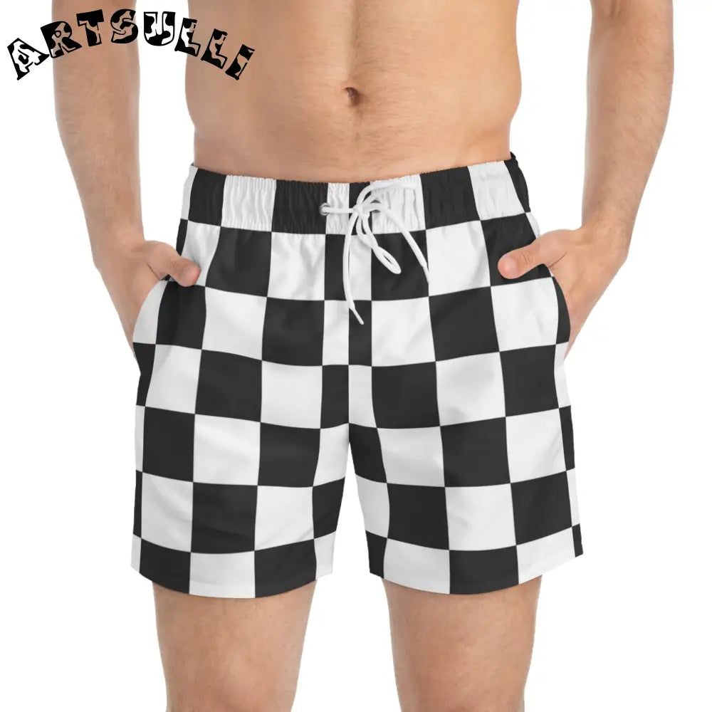 JAKKOUTTHEBXX Checkerboard White and Black Swim Trunks (AOP)