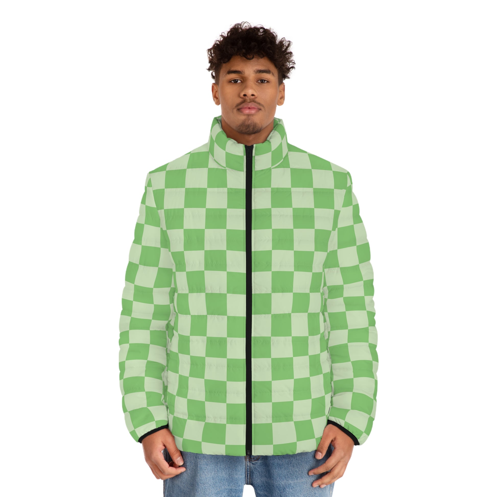 Checkerboard Green Men's Puffer Jacket (AOP), Artsulli - Art is Long, Life is Short, All Over Prints, , , , , , , 