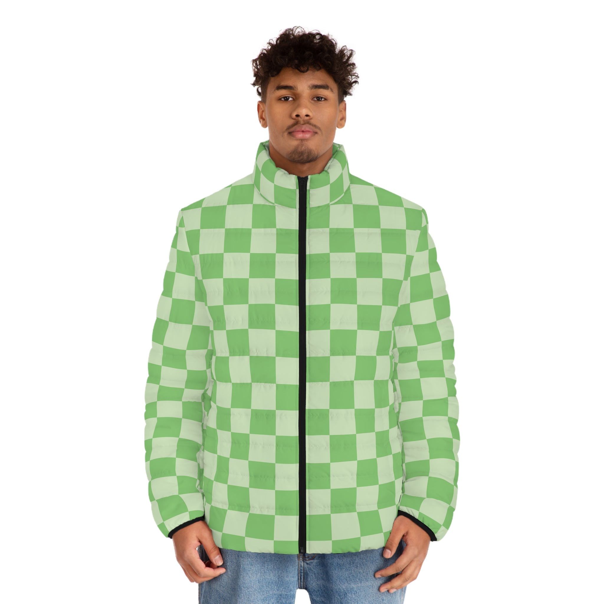 Checkerboard Green Men's Puffer Jacket (AOP), Artsulli - Art is Long, Life is Short, All Over Prints, , , , , , , 