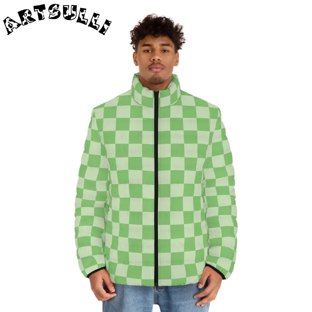 JAKKOUTTHEBXX Checkerboard Green Men’s Puffer Jacket (AOP)