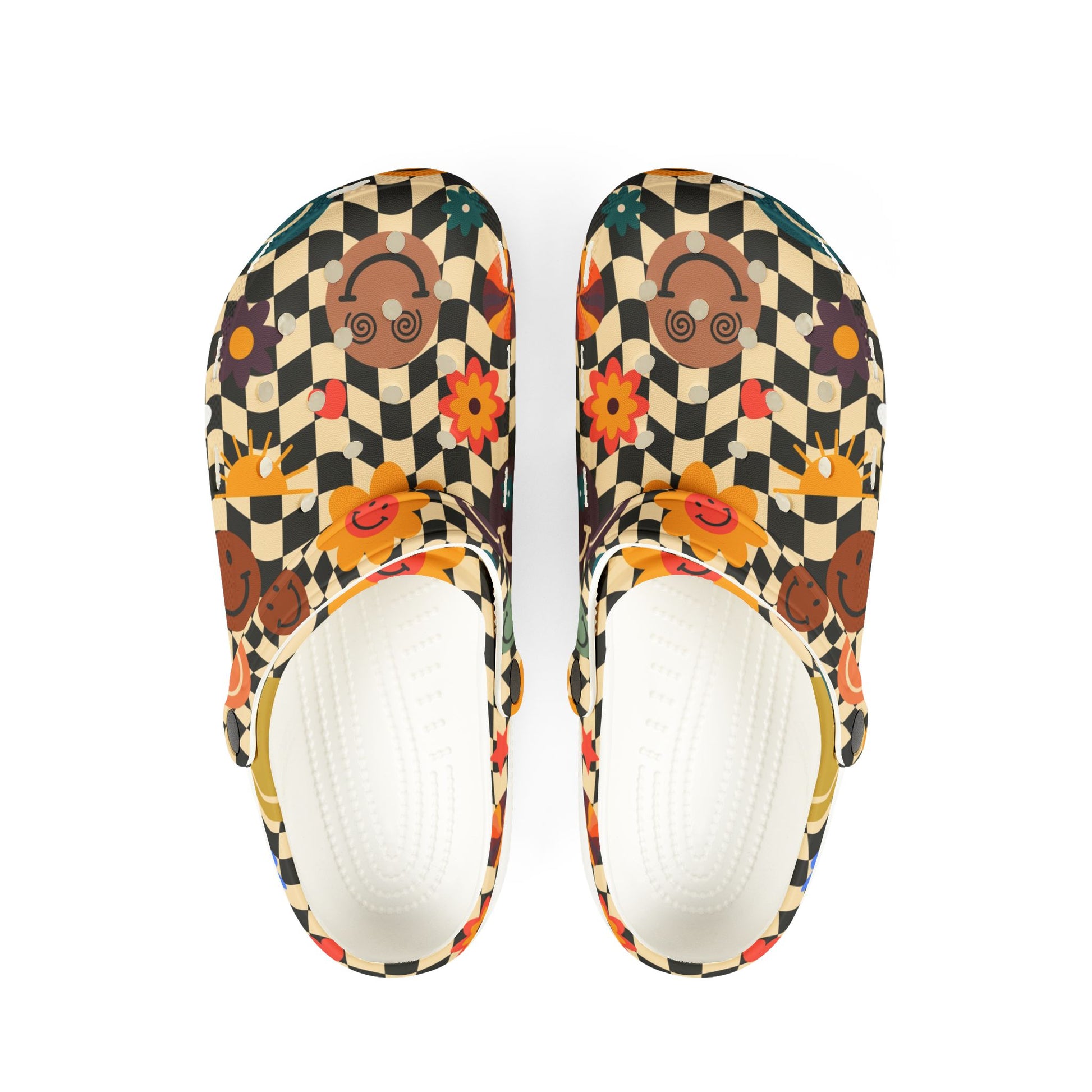 Trippy x Wavy Checkerboard x Smiley Face x Rainbow x Flowers Multi-Color EVA Foam Rubber Shoes (AOP), Artsulli - Art is Long, Life is Short, Shoes, Size, US 6 (Women's), Color, White, , , 31375641073322367100