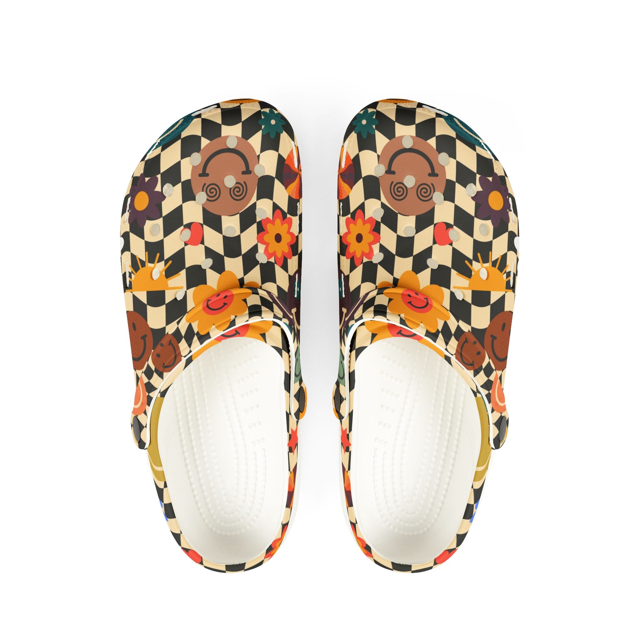Trippy x Wavy Checkerboard x Smiley Face x Rainbow x Flowers Multi-Color EVA Foam Rubber Shoes (AOP), Artsulli - Art is Long, Life is Short, Shoes, Size, US 6 (Women's), Color, White, , , 31375641073322367100