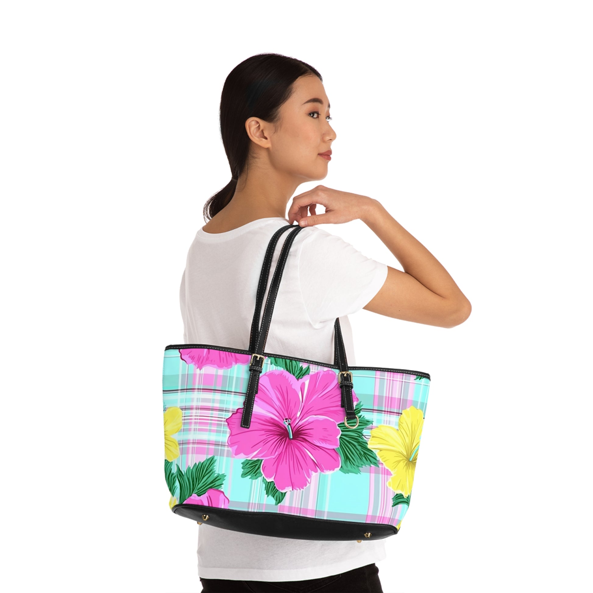 Plaid Hibiscus Pink and Yellow PU Leather Shoulder Bag, Artsulli - Art is Long, Life is Short, Bags, , , , , , , 