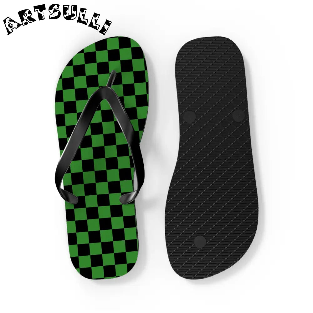 JAKKOUTTHEBXX Checkerboard Green and Black Flip Flops JAKKOUTTHEBXX