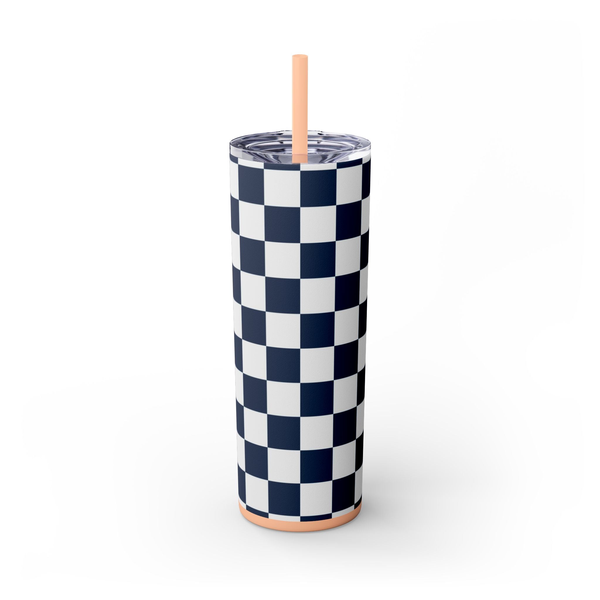 Checkerboard White and Navy Blue Skinny Tumbler with Straw, 20oz, Artsulli - Art is Long, Life is Short, Mug, Finish, Matte, Color, Blush, Size, 20oz, 57257469099732704088