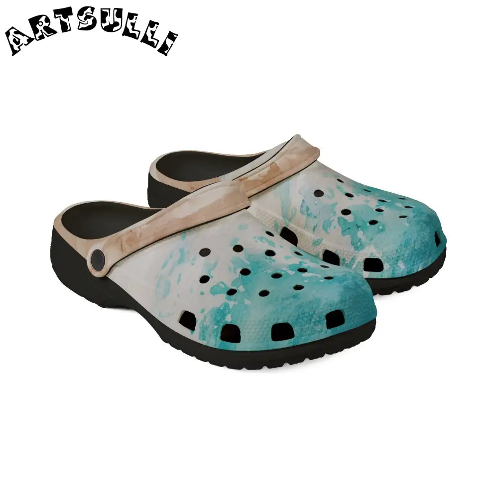 JAKKOUTTHEBXX Teal and Gold Speckled EVA Foam Clogs JAKKOUTTHEBXX