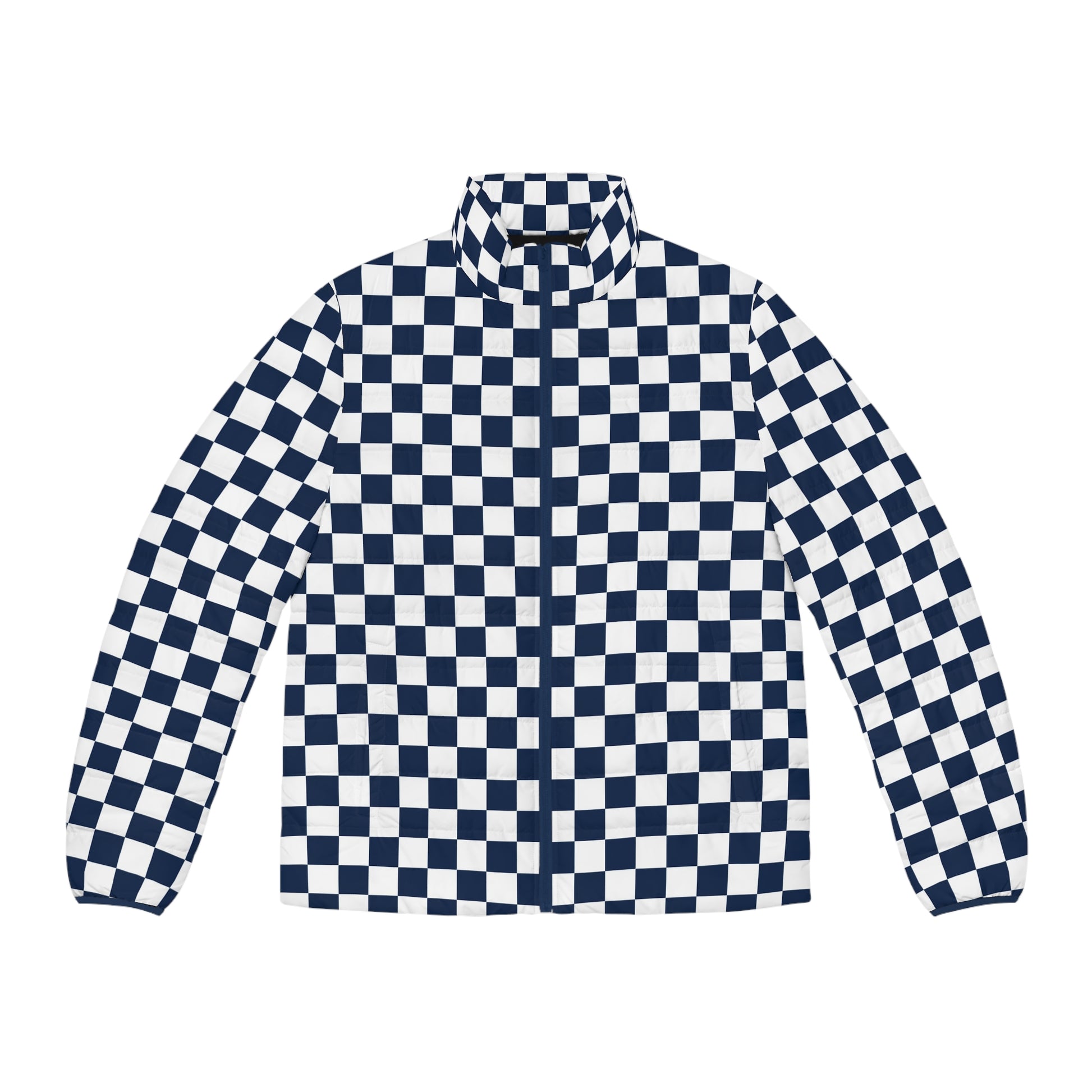 Checkerboard White and Navy Blue Men's Puffer Jacket (AOP), Artsulli - Art is Long, Life is Short, All Over Prints, Size, S, Color, Dark blue zipper, , , 23918016566316479852